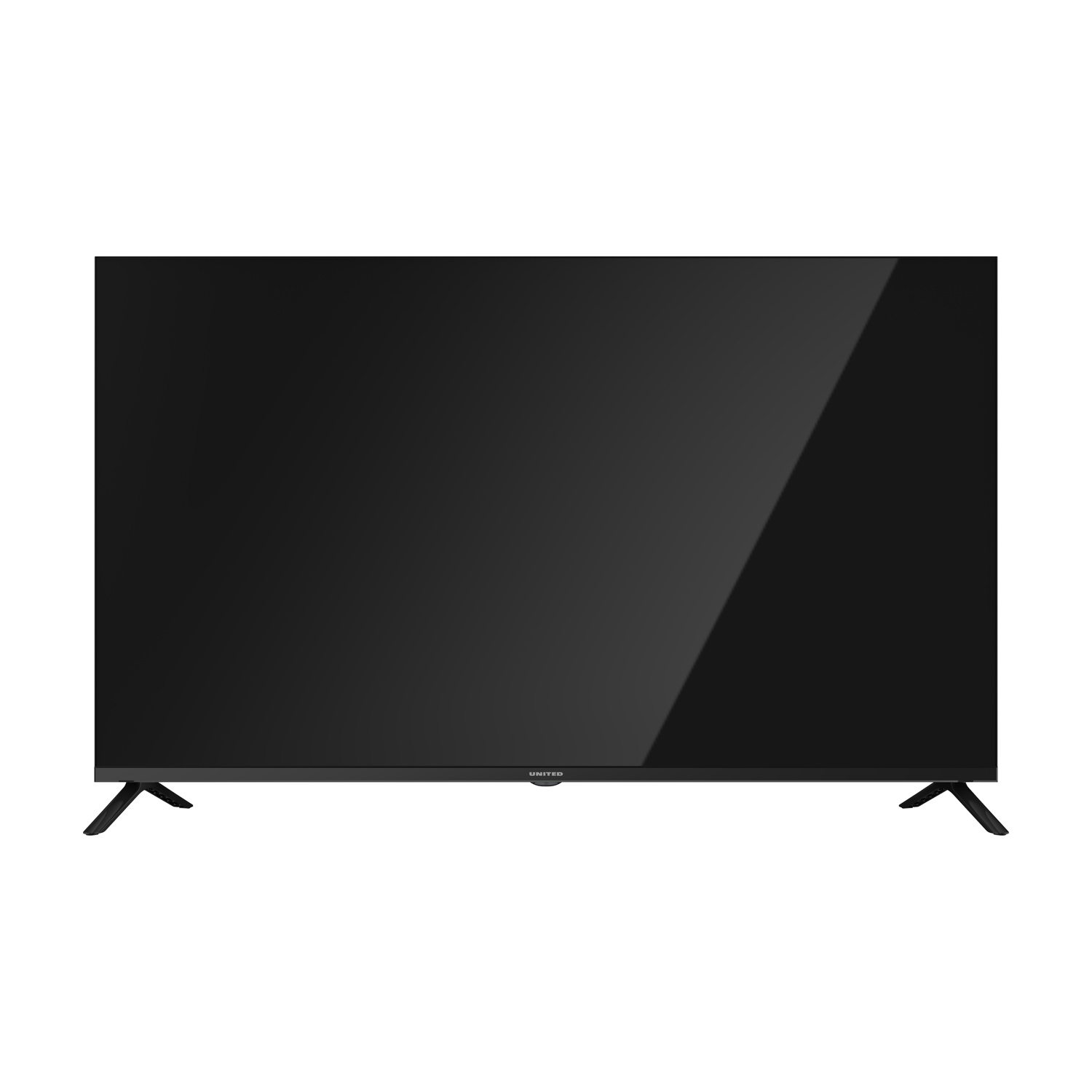 Una TV a schermo piatto nera con superficie lucida. Ha un supporto nero e la parola 'UNITED' è visibile in basso.