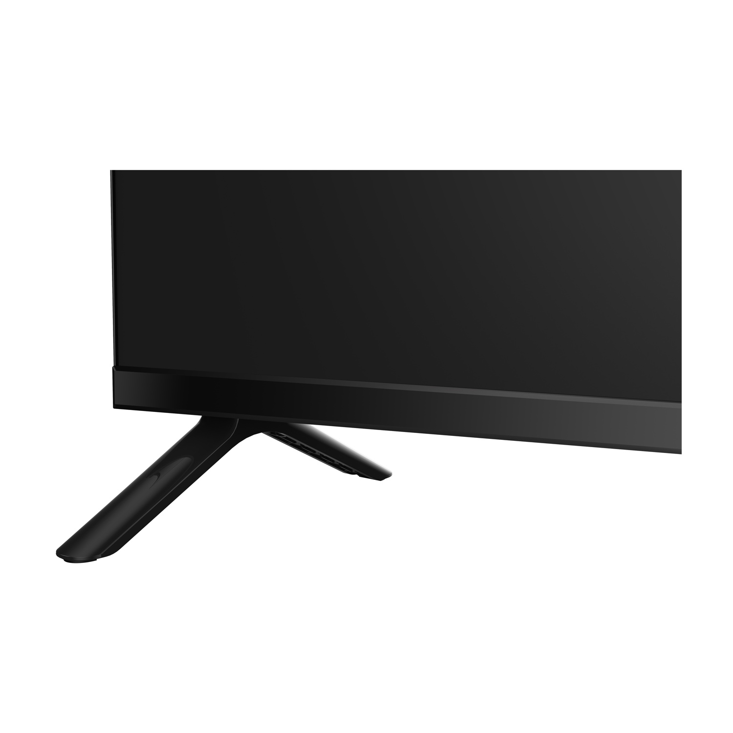 Vista ravvicinata di una televisione nera con supporto. Il supporto ha due gambe e lo schermo è nero.