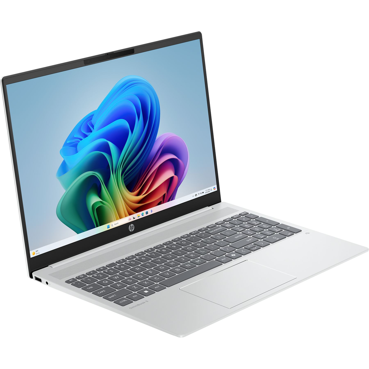 Een zilveren laptop toont een kleurrijke abstracte afbeelding op het scherm. Toetsenbord en touchpad zijn zichtbaar, met een witte achtergrond.