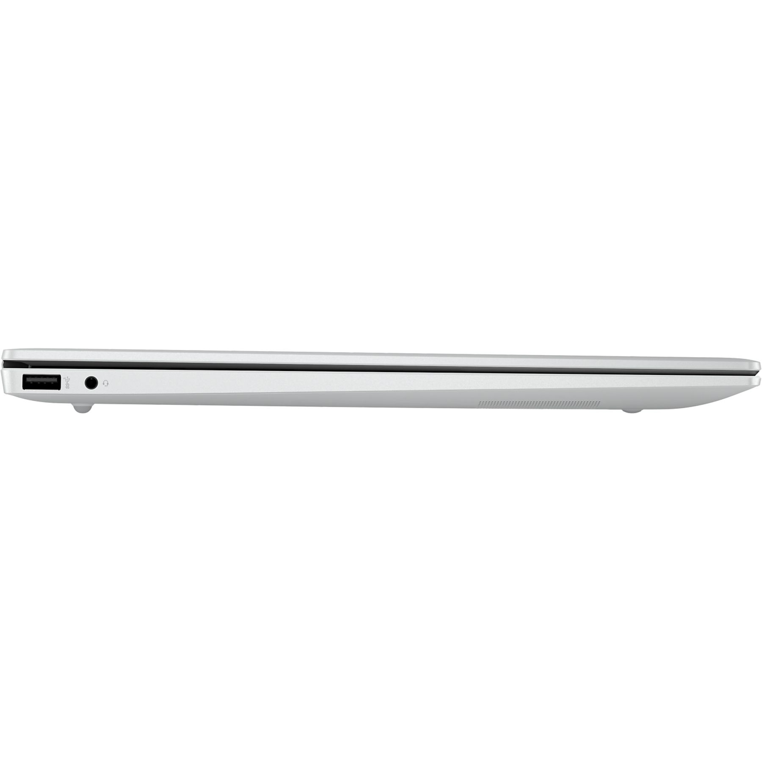Een zilveren laptop van de zijkant gezien, met poorten en een ventilatieopening. Het scherm is gesloten.