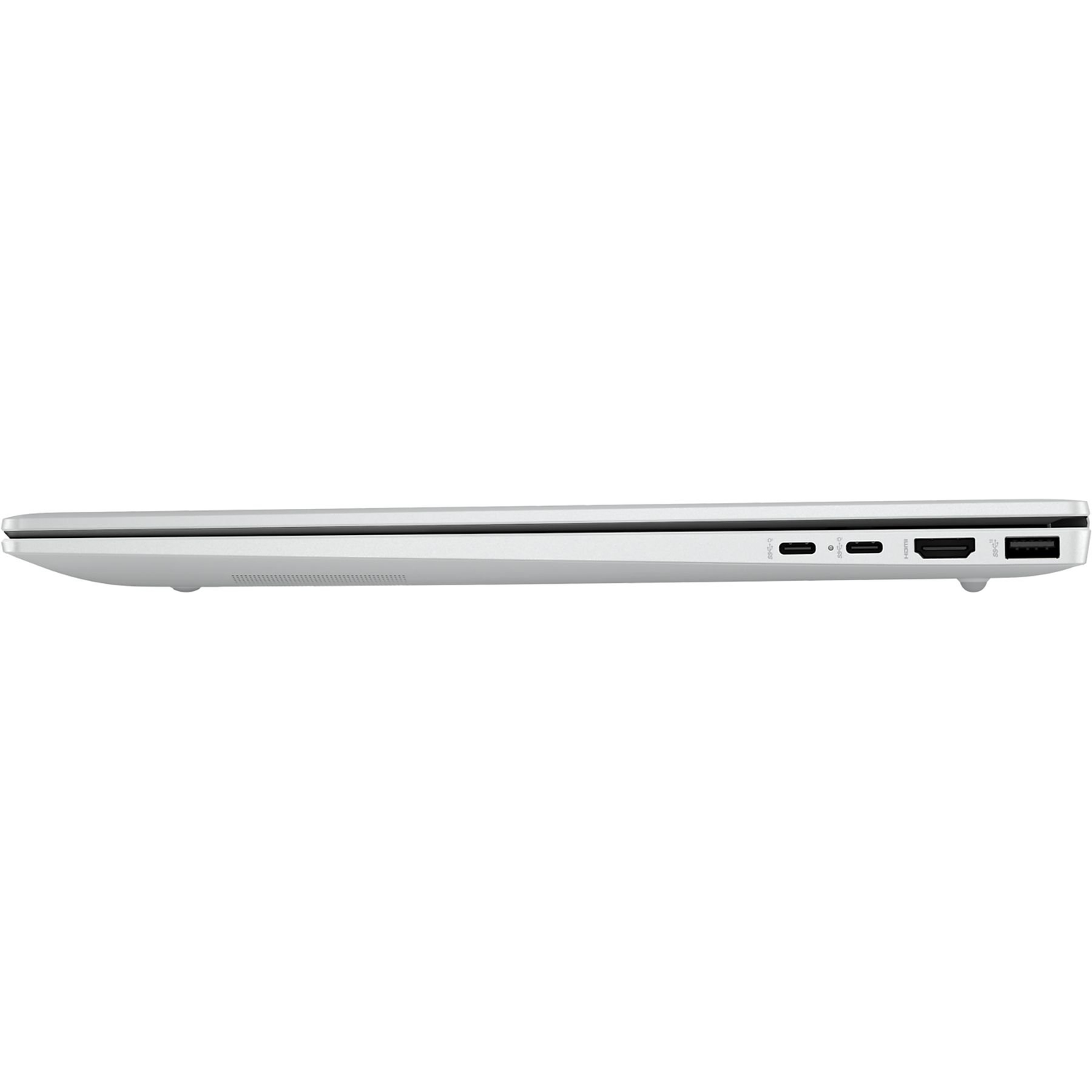 Een zilveren laptop, zijaanzicht. Zichtbare poorten zijn USB-C, USB, HDMI en een voedingspoort. De laptop staat op een witte achtergrond.