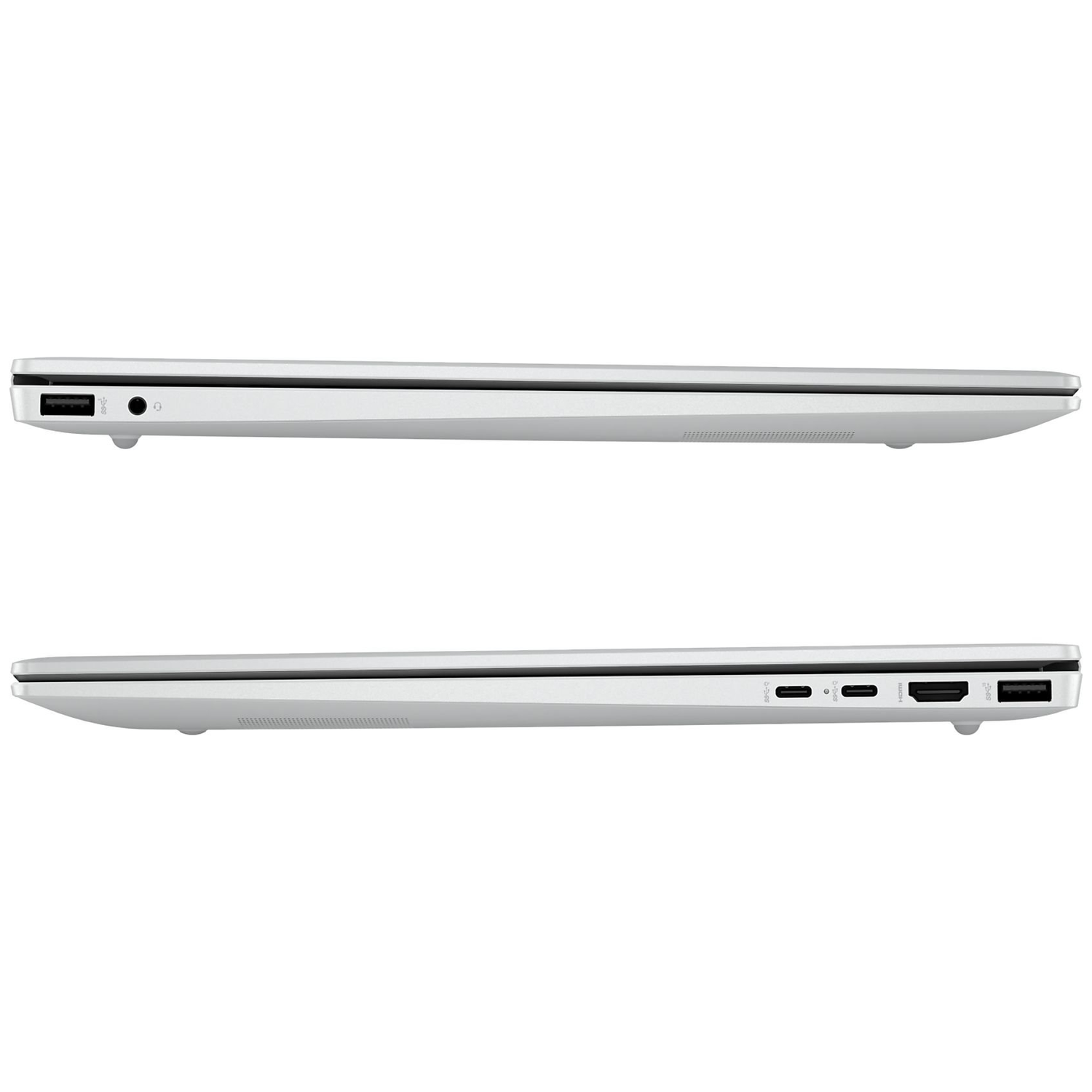 Twee zilveren laptops, zijaanzicht. Bovenste laptop heeft audio-aansluiting en USB-poort. Onderkant: USB, HDMI en USB-C poorten.