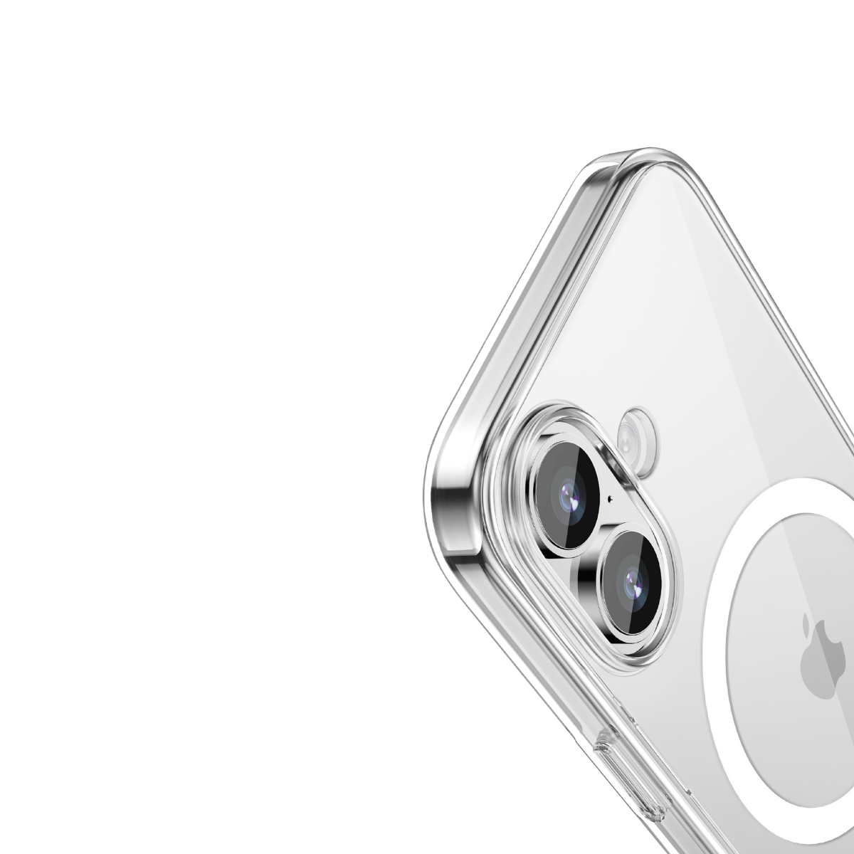 Görünür iPhone'lu şeffaf bir telefon kılıfının yakın çekimi. Çift lens ve Apple logosu mevcut. Siyah arka plan.