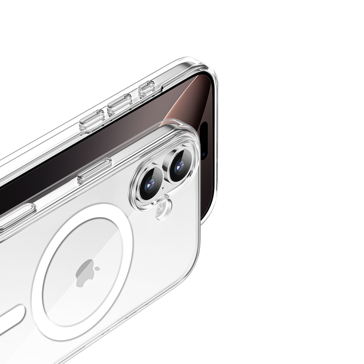 Siyah arkaplanda şeffaf bir telefon kılıfı. Kılıf, kamerayı ve Apple logosunu gösterir. Telefon kısmen görünür.