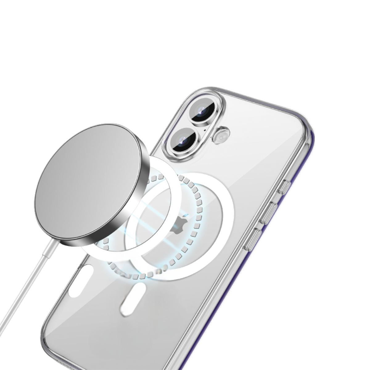 Gümüş renkli bir MagSafe şarj cihazı, içinde bir iPhone bulunan şeffaf bir telefon kılıfına takılıdır. Şarj cihazı beyaz bir kabloyla bağlanır.