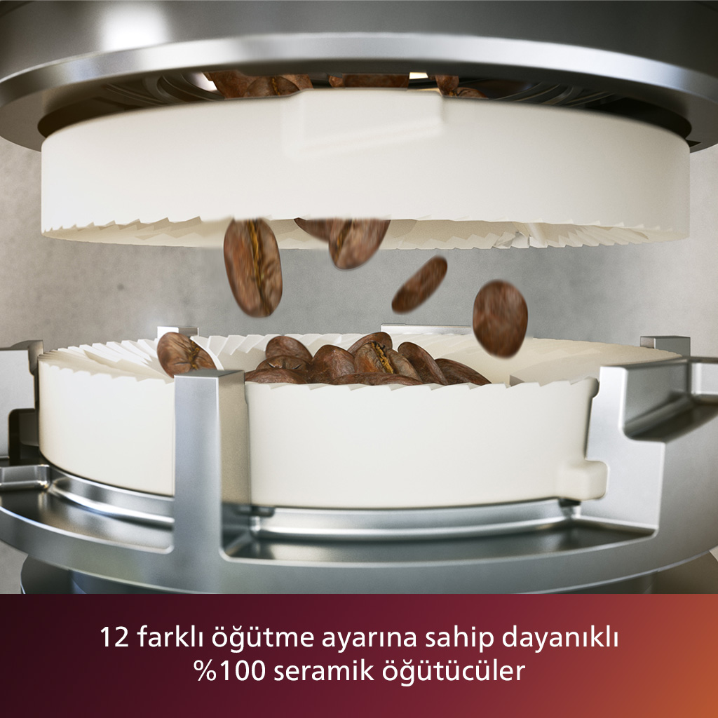 Kahve çekirdekleri beyaz bir öğütücüye düşüyor. Öğütücü, paslanmaz çelik elemanlara sahip bir makinede. Altta metin.