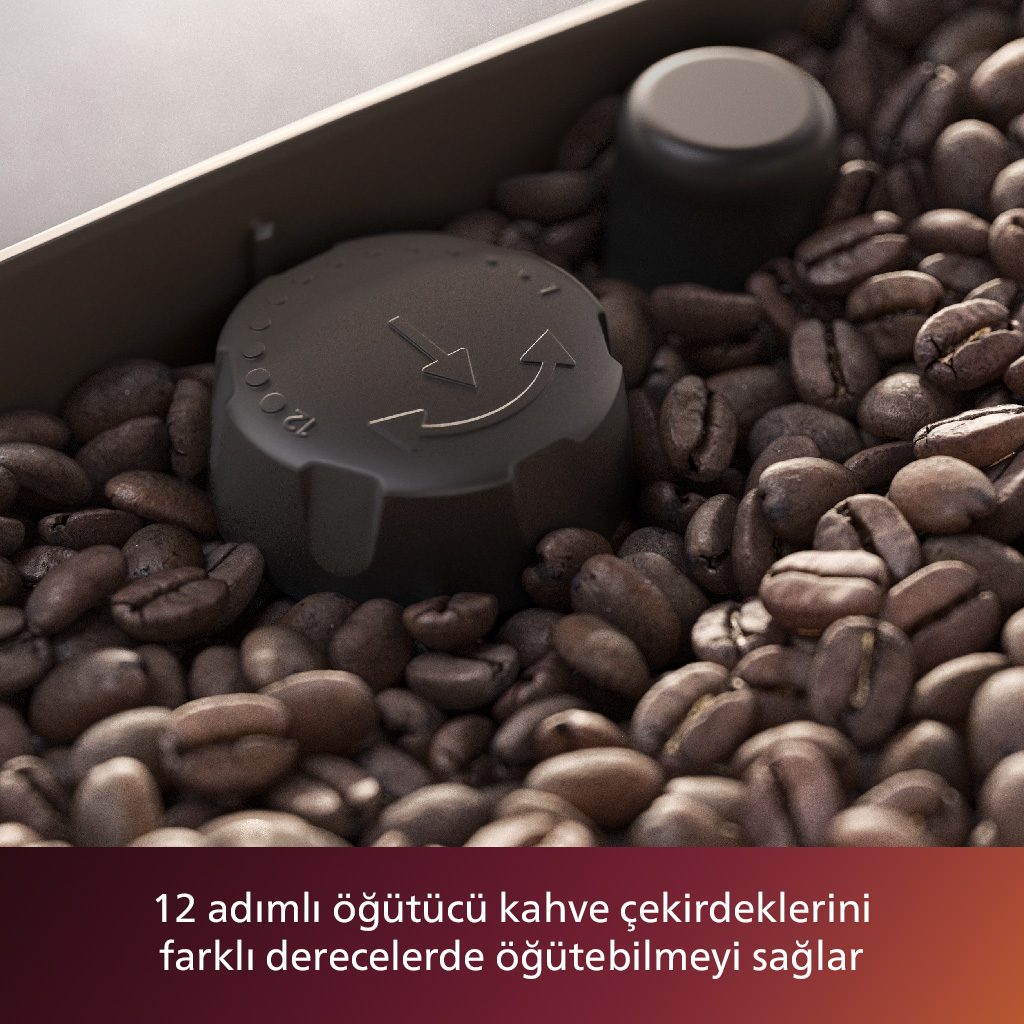 Kahve çekirdekleriyle bir kahve öğütücüsünün yakın çekimi. Öğütücünün oklarla işaretlenmiş koyu renkli bir kapağı var. Çekirdekler çerçeveyi dolduruyor.