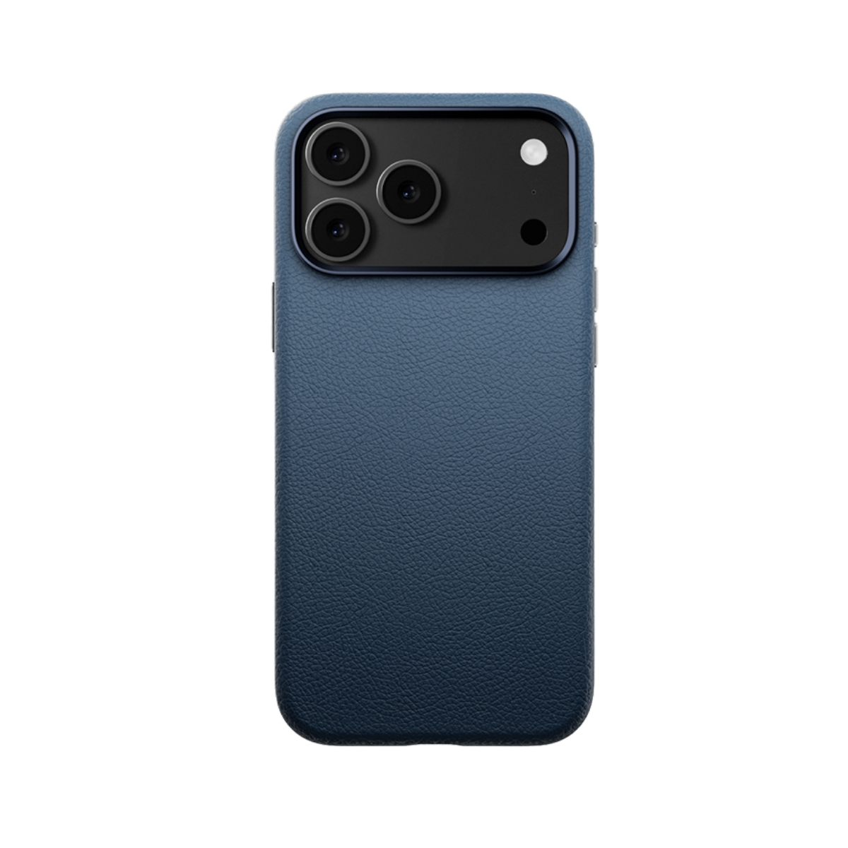 Siyah bir arka plan üzerinde, üç lens ve bir flaşa sahip, siyah kamera modülüne sahip mavi bir telefon kılıfı.