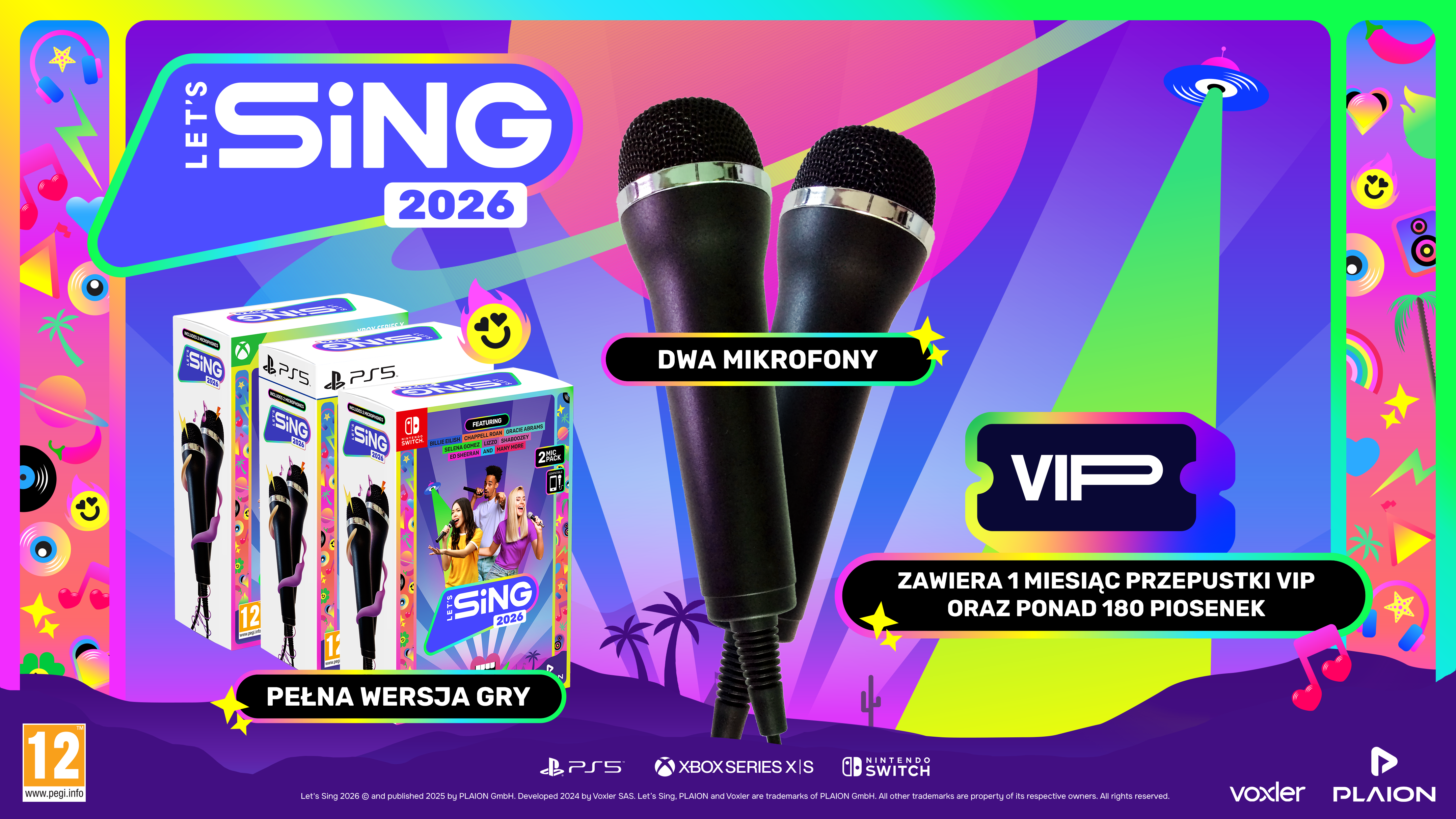 Obraz promocyjny gry 'Let's Sing 2026'. Zawiera mikrofony, pudełka z grami i szczegóły przepustki VIP.