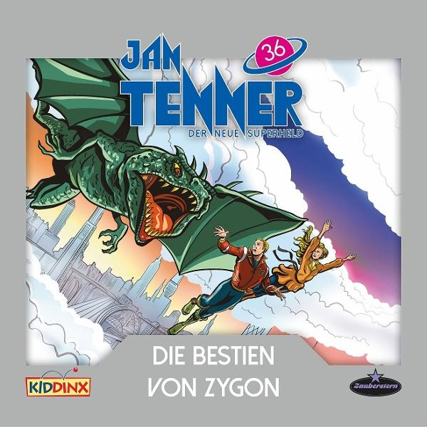 Comic-Cover: Drache greift Stadt an, zwei fliegende Personen, Jan Tenner Titel, Text Die Bestien von Zygon, und eine 36 in einem Kreis.