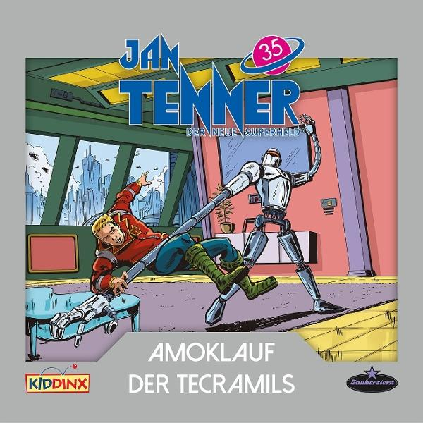 Comic-Cover mit einem Mann, der gegen einen Roboter kämpft. Der Mann trägt Rot und Blau und liegt am Boden. Der Roboter ist silbern.