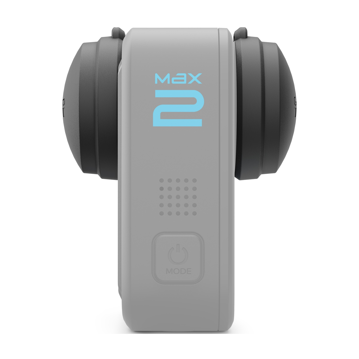 Una fotocamera GoPro Max 2 grigia con lenti nere su entrambi i lati. La parola MAX e il numero 2 sono blu.