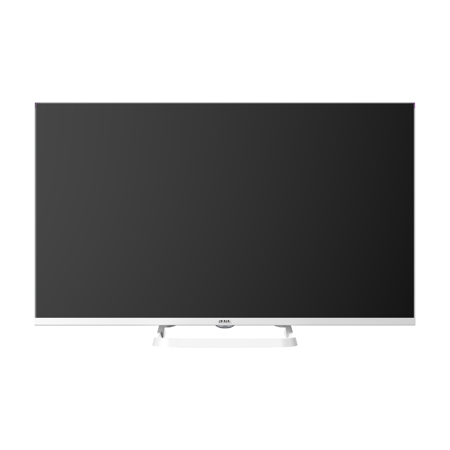 Un televisore Saba bianco con schermo nero su un supporto bianco, isolato su sfondo bianco.