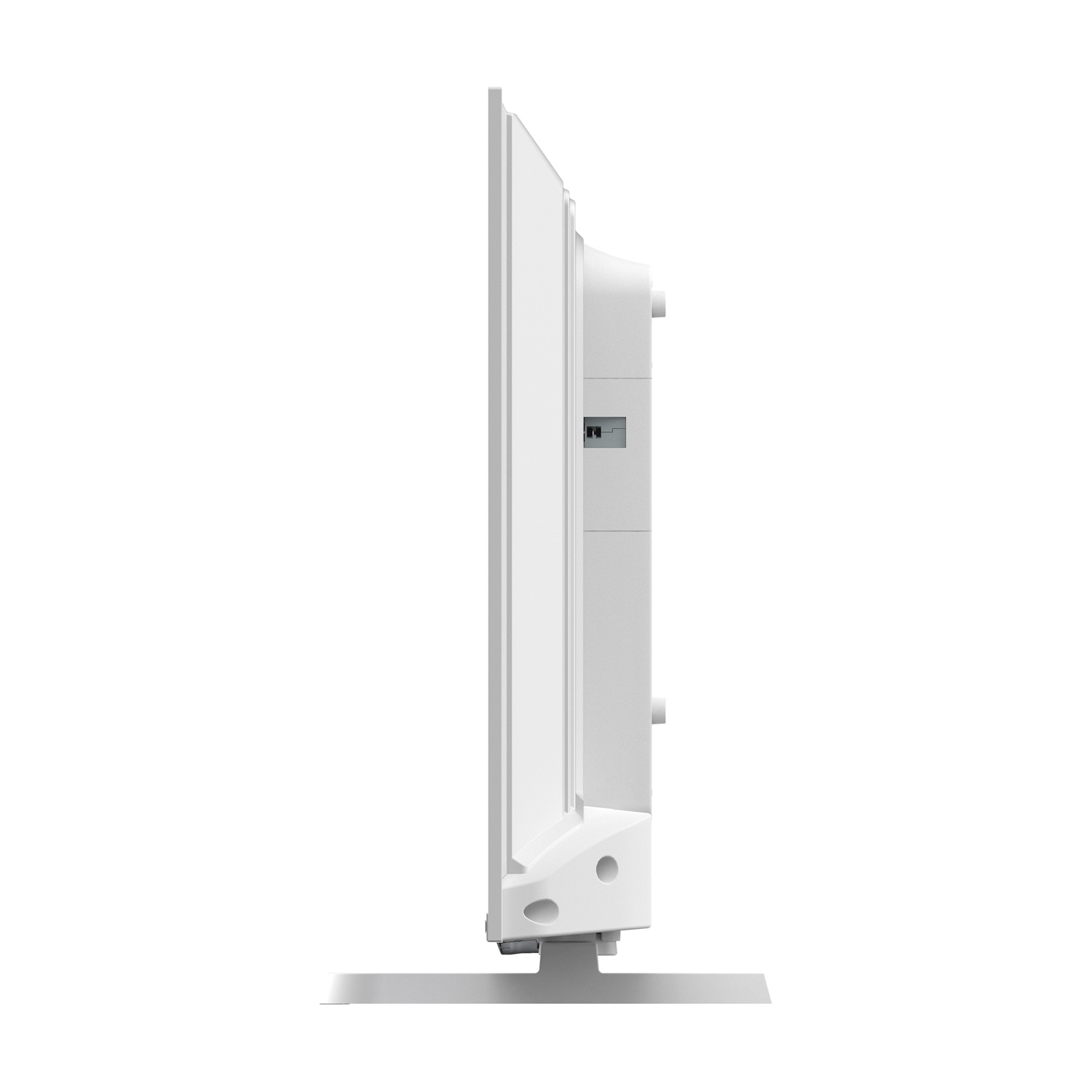 Un televisore bianco, visto di lato, è su un supporto bianco su sfondo bianco. Lo schermo è sottile.
