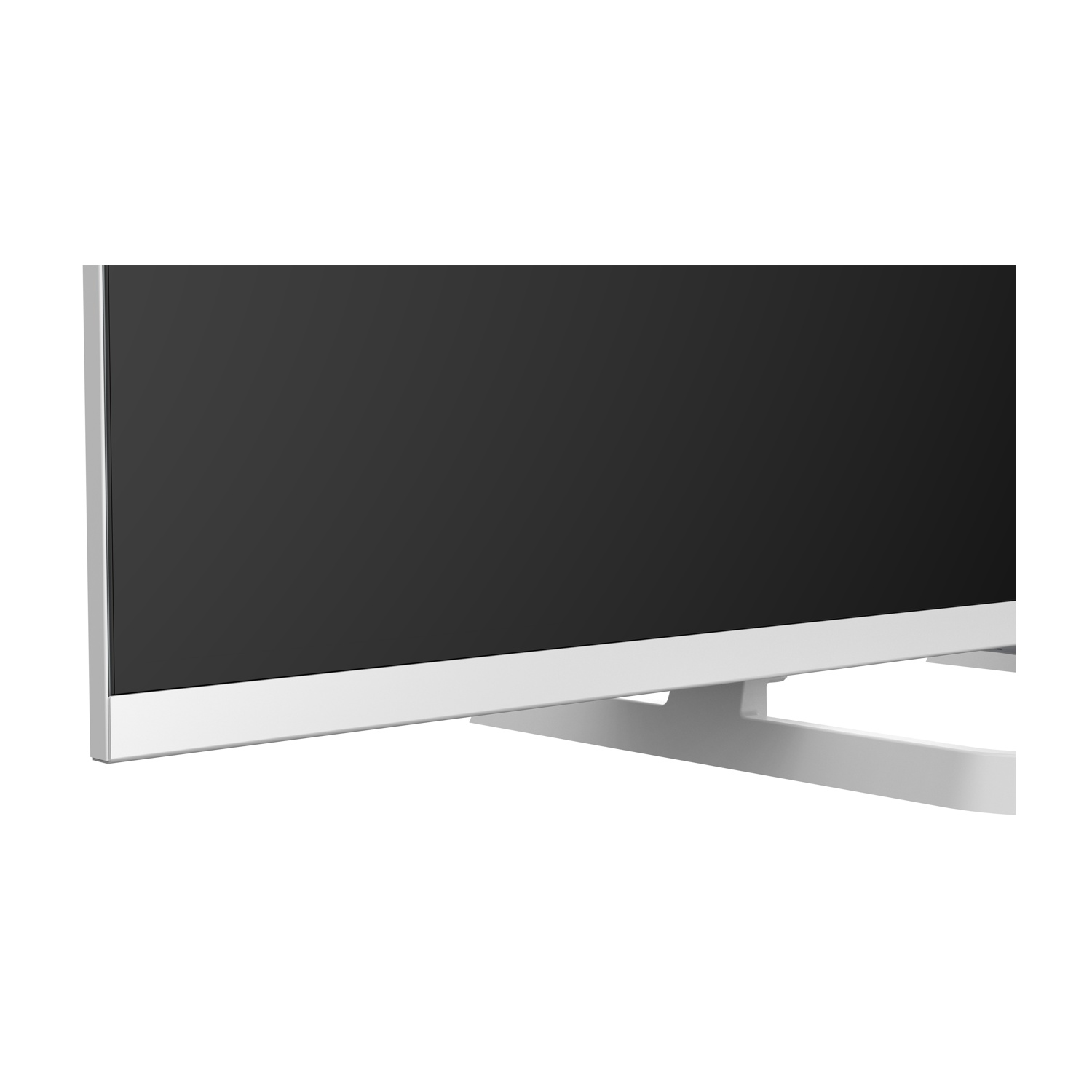 Un moderno monitor per computer bianco con schermo nero e supporto bianco su sfondo bianco.