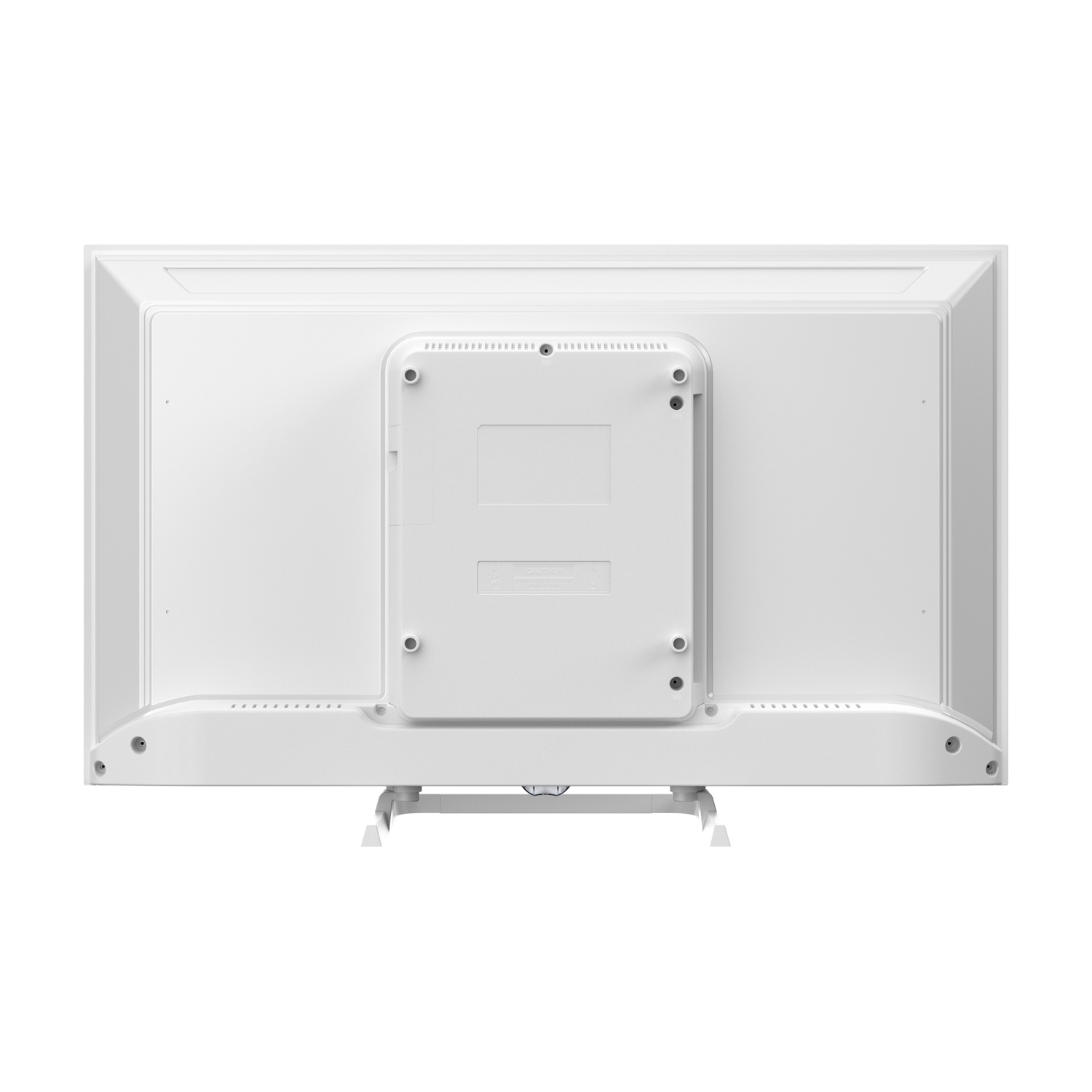 Vista posteriore di un televisore a schermo piatto bianco. Ha una staffa di montaggio centrale e un supporto, con varie porte e viti visibili.
