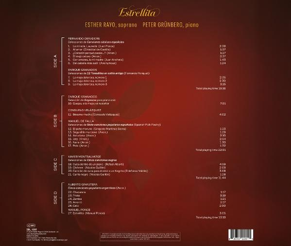 Albumcover mit Titelliste und Credits. Roter Hintergrund, weißer Text. Esther Rayo, Sopran, Peter Grünberg, Klavier. Seite A, B, C, D.