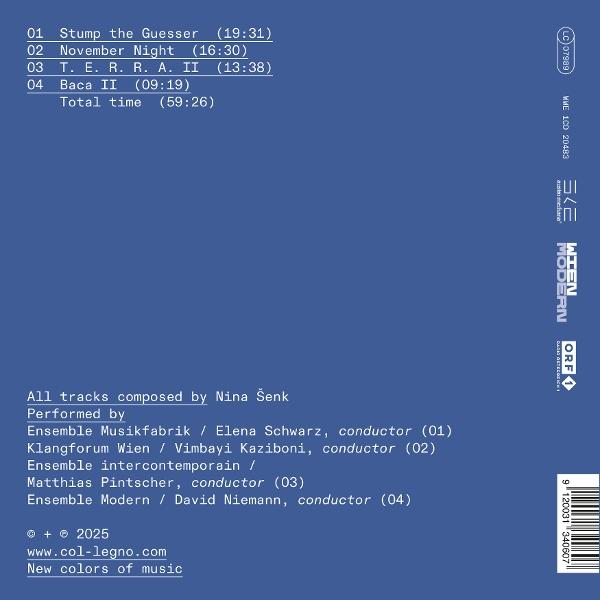 Albumcover mit Titelliste, Interpretenangaben und Copyright-Informationen. Blauer Hintergrund mit weißem Text.