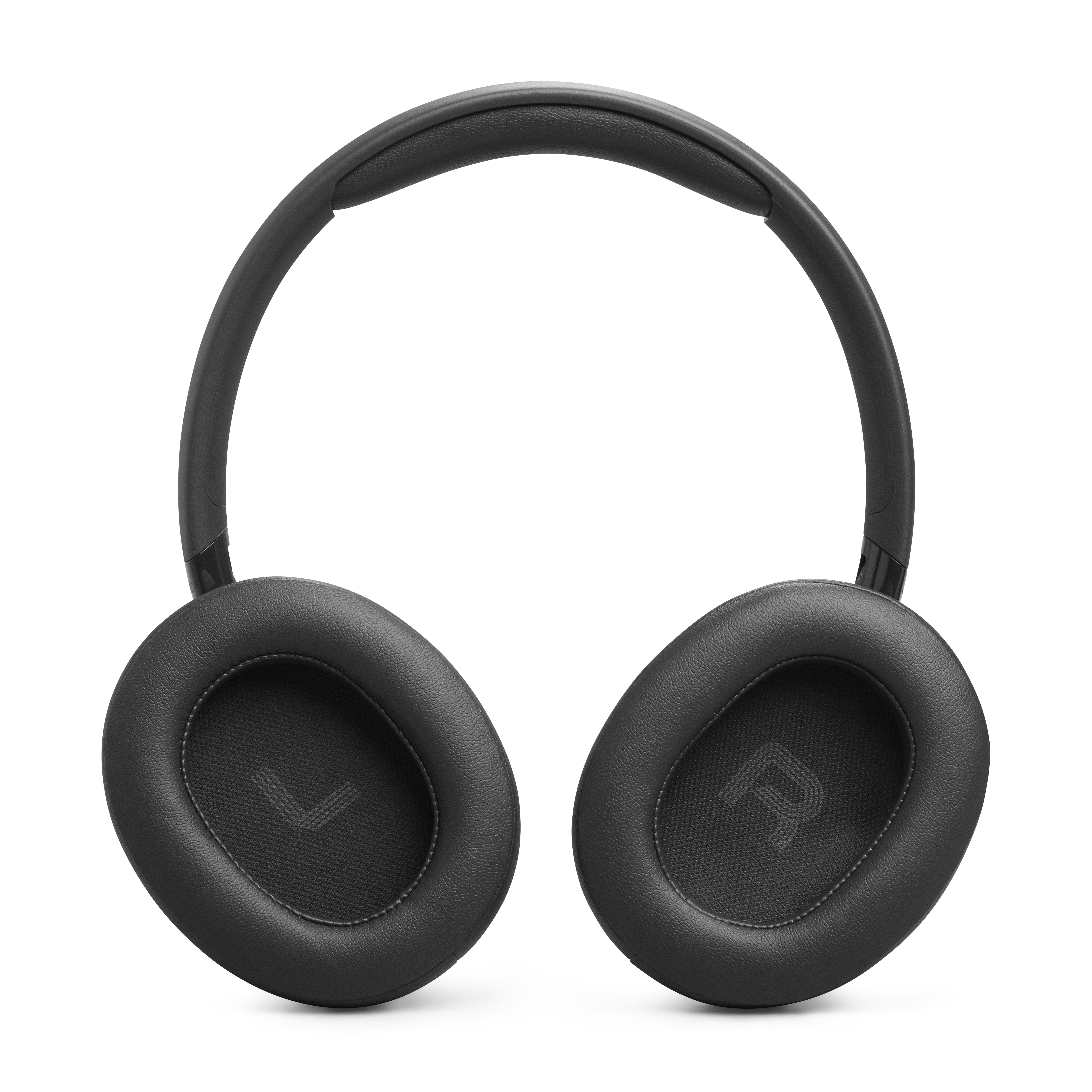 Schwarze Over-Ear-Kopfhörer mit ovalen Ohrmuscheln und gepolstertem Bügel. Der linke Hörer hat ein 'L', der rechte ein 'R'.