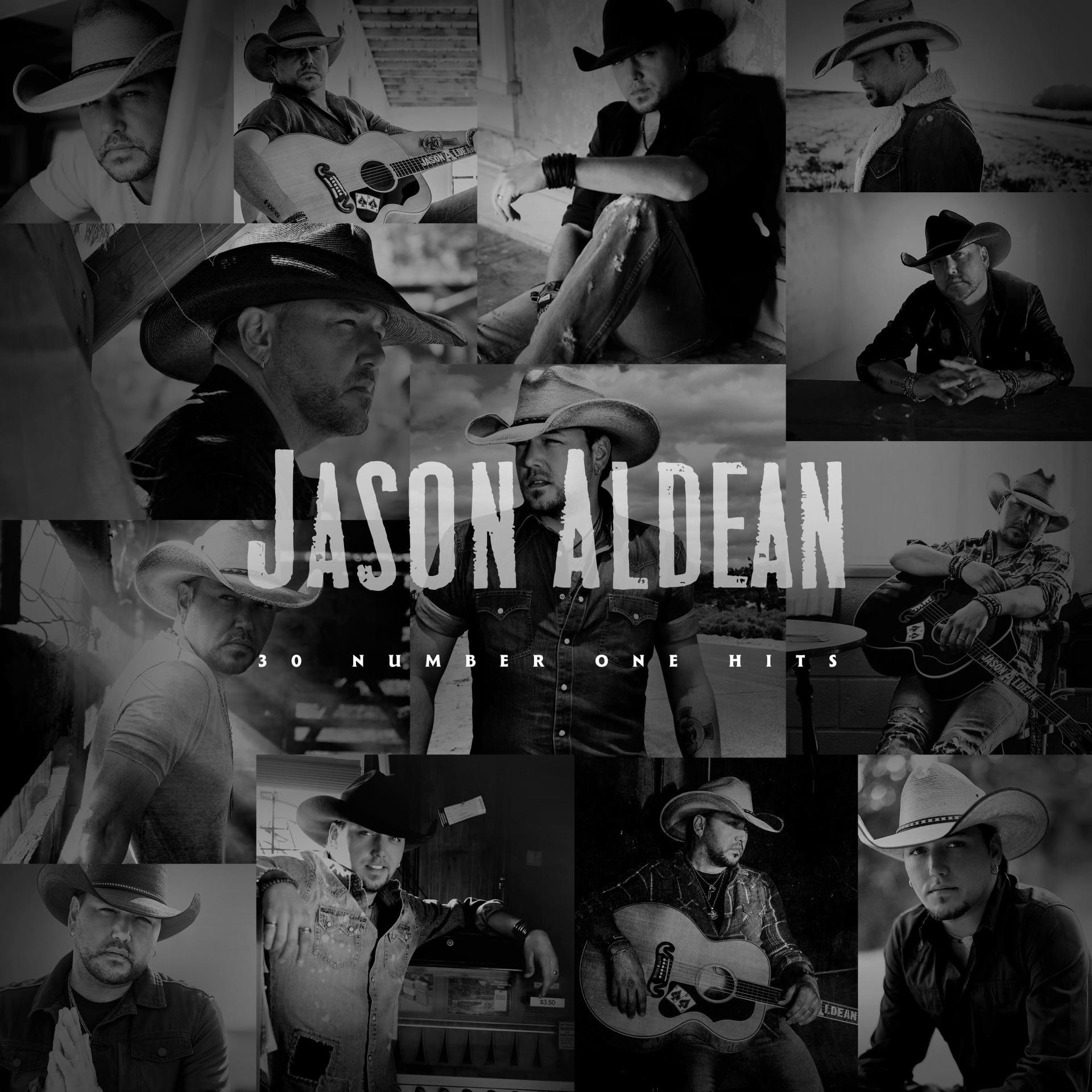 Albumcover mit Jason Aldean in mehreren Schwarz-Weiß-Fotos, mit dem Text 'Jason Aldean' und '30 Number One Hits'.