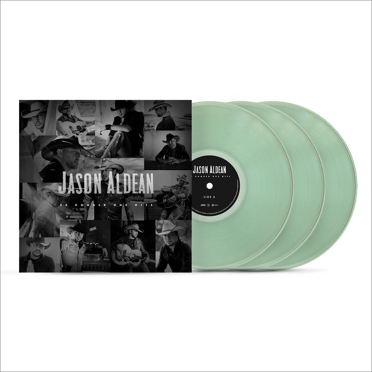 Albumcover von Jason Aldeans '30 Number One Hits' mit mehreren Bildern von ihm. Drei hellgrüne Schallplatten sind sichtbar.