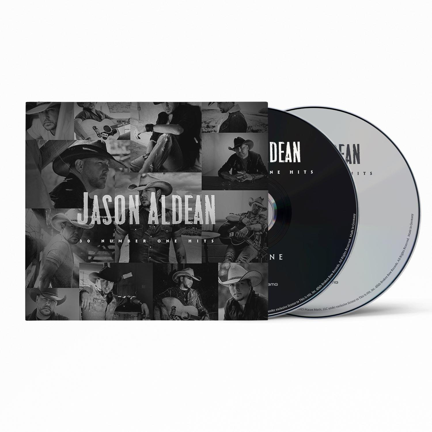 Albumcover von Jason Aldeans '30 Number One Hits'. Enthält eine Collage von Fotos von Aldean und zwei CDs.