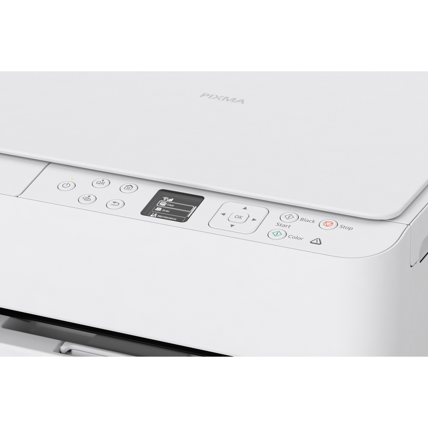 Une imprimante Canon PIXMA blanche. Boutons : marche/arrêt, QR, fonction, OK, démarrer, couleur, noir et stop. Un petit écran affiche les options.