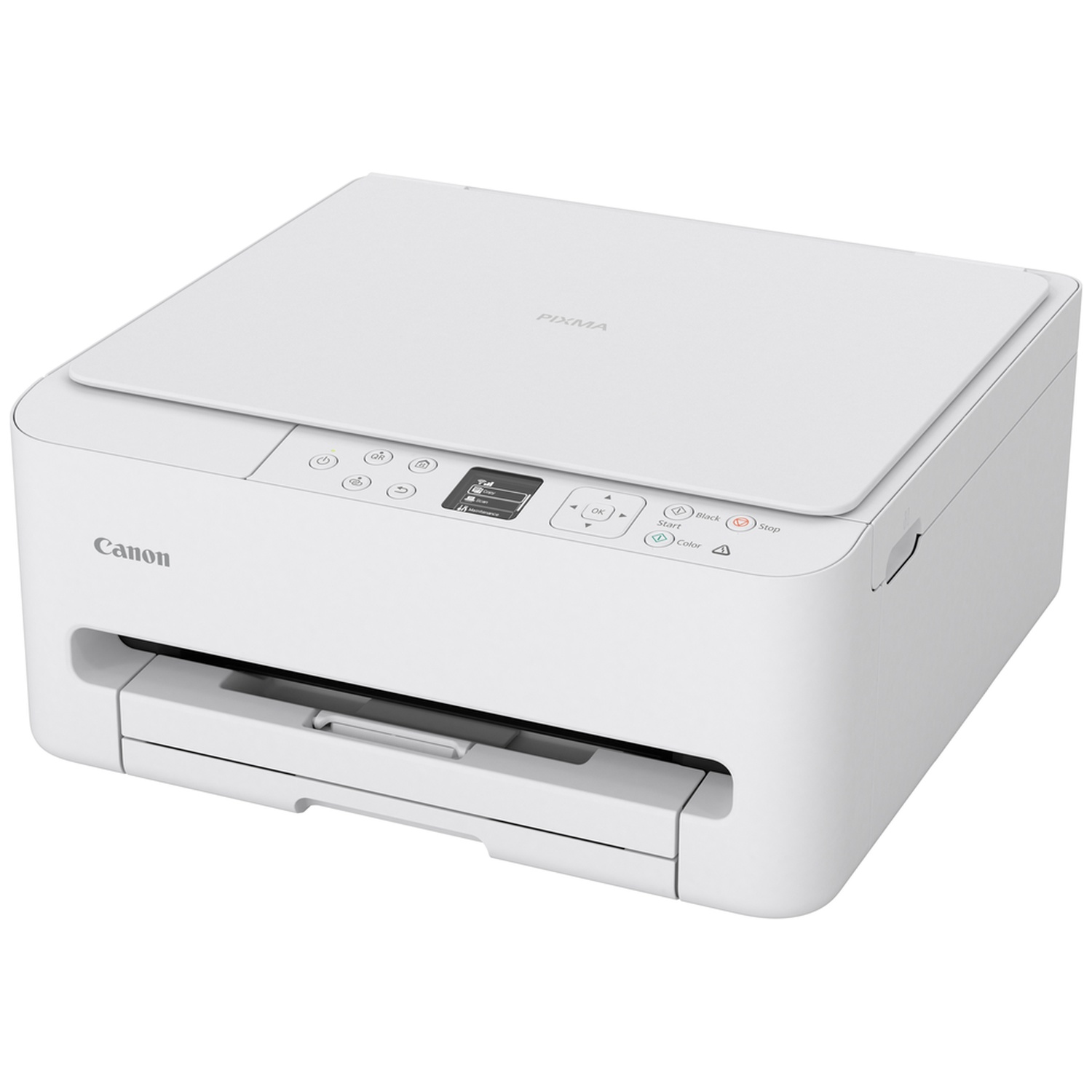 Une imprimante Canon PIXMA blanche. Elle possède un couvercle de scanner, des boutons de commande, un bac à papier et le logo Canon.