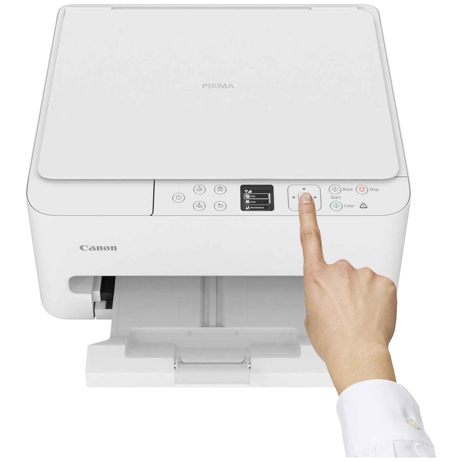 Une imprimante Canon blanche avec une main appuyant sur le bouton vers le haut. L'imprimante est sur un fond blanc. PIXMA est visible.