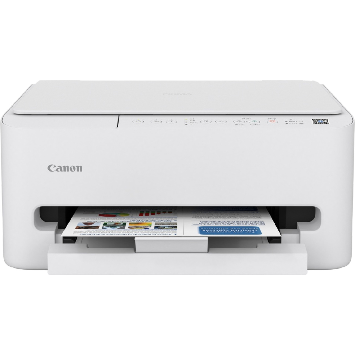 Een witte Canon-printer met een document in de uitvoerlade. Het heeft een platte bovenkant en bedieningsknoppen. Het Canon-logo is zichtbaar.