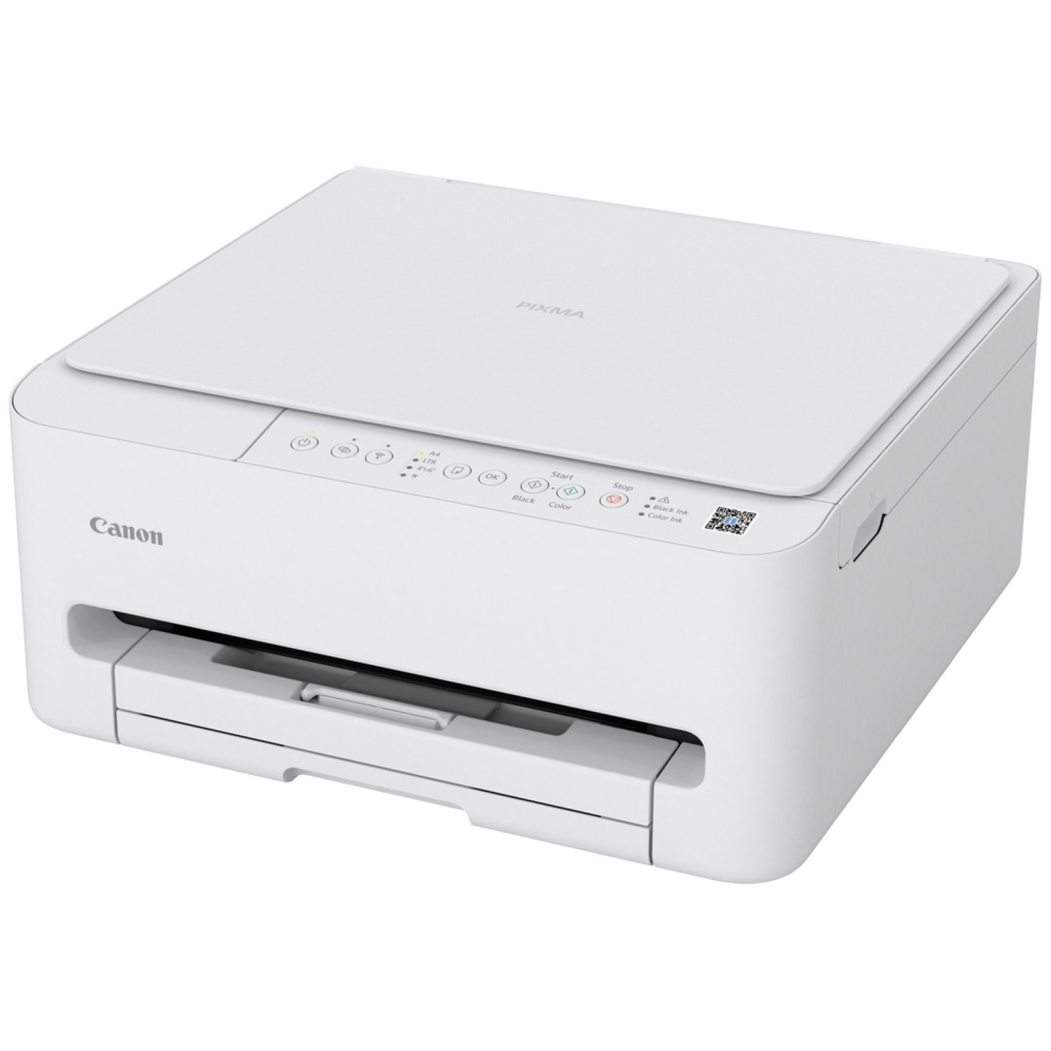 Een witte Canon Pixma printer. Hij heeft een papierlade, bedieningsknoppen en een scannerklep. Het Canon-logo is zichtbaar.