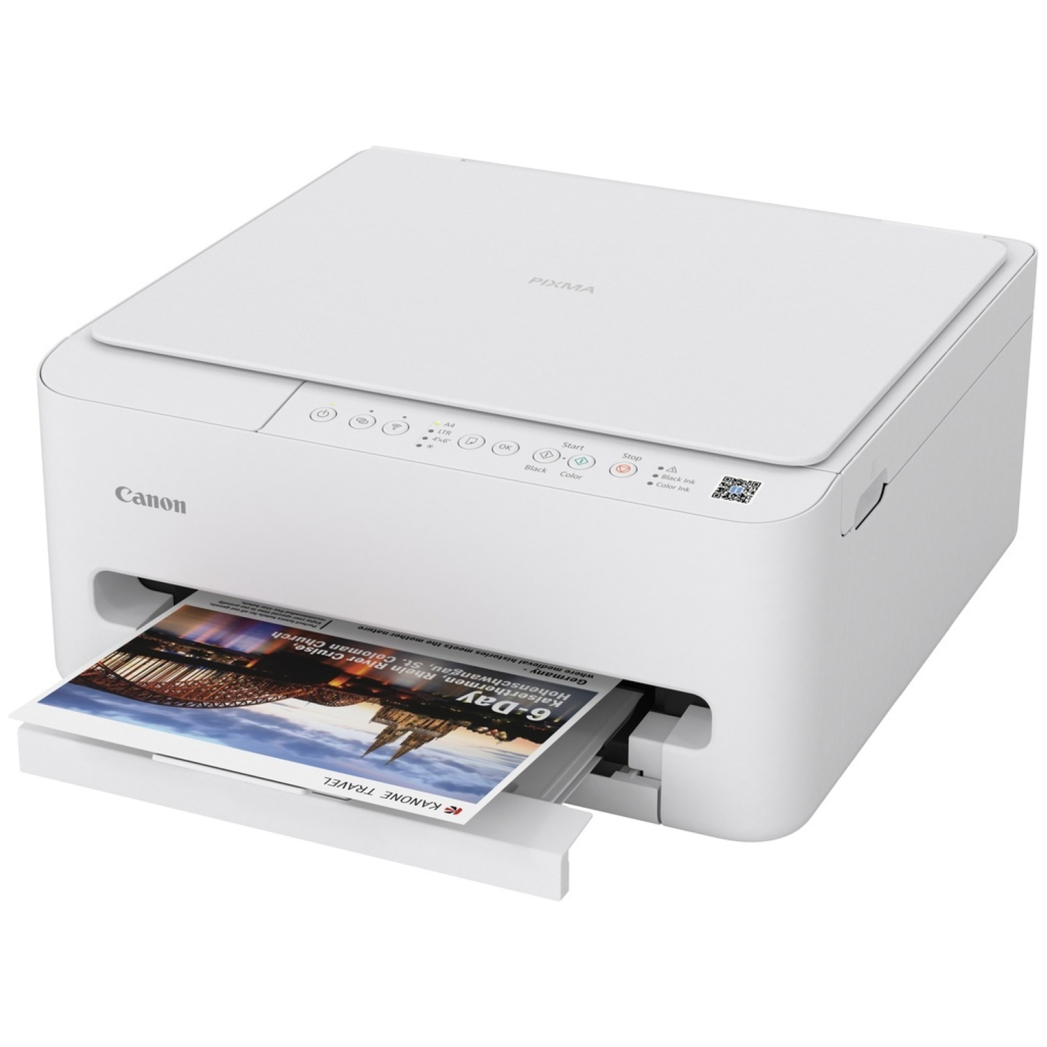Een witte Canon-printer met een afgedrukt document dat eruit komt. Het document toont een reislading.