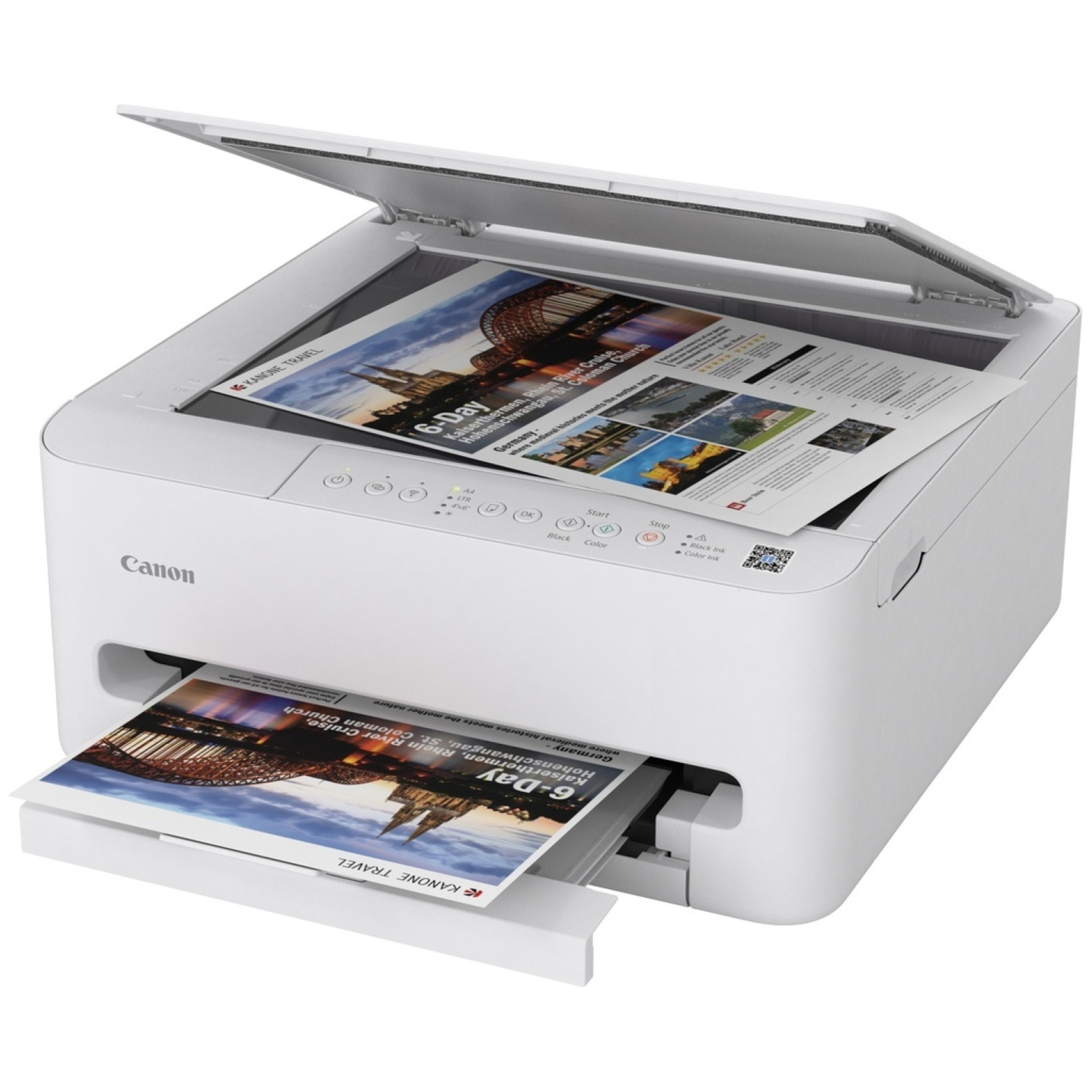 Een witte Canon-printer met de bovenkant open. Binnenin is een afgedrukt document zichtbaar. Een ander afgedrukt document bevindt zich in de uitvoerlade.