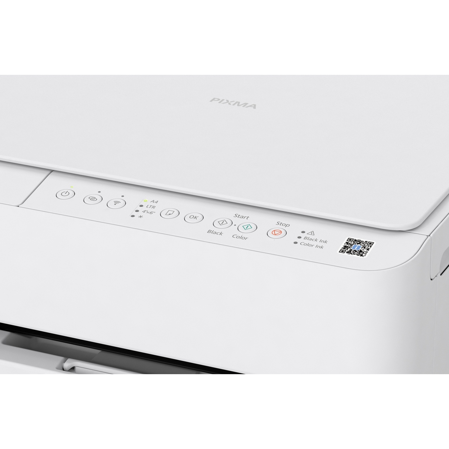 Een witte Canon Pixma printer met bedieningsknoppen en een QR-code. Knoppen zijn onder meer aan/uit, Wi-Fi en kleur/zwart printen. De printer is schoon.