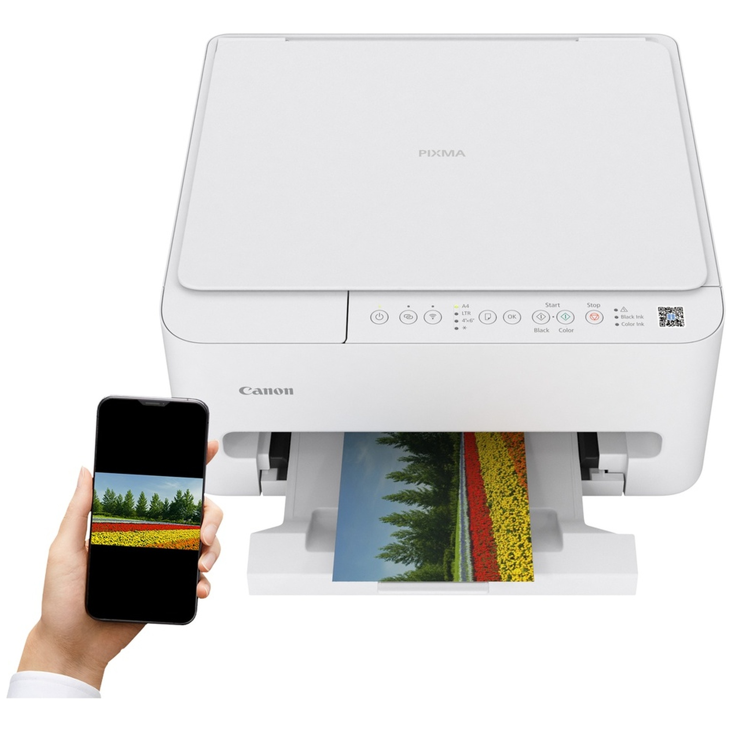 Een witte Canon-printer print een foto van een telefoon die in de hand wordt gehouden. De foto op de telefoon toont een landschap.