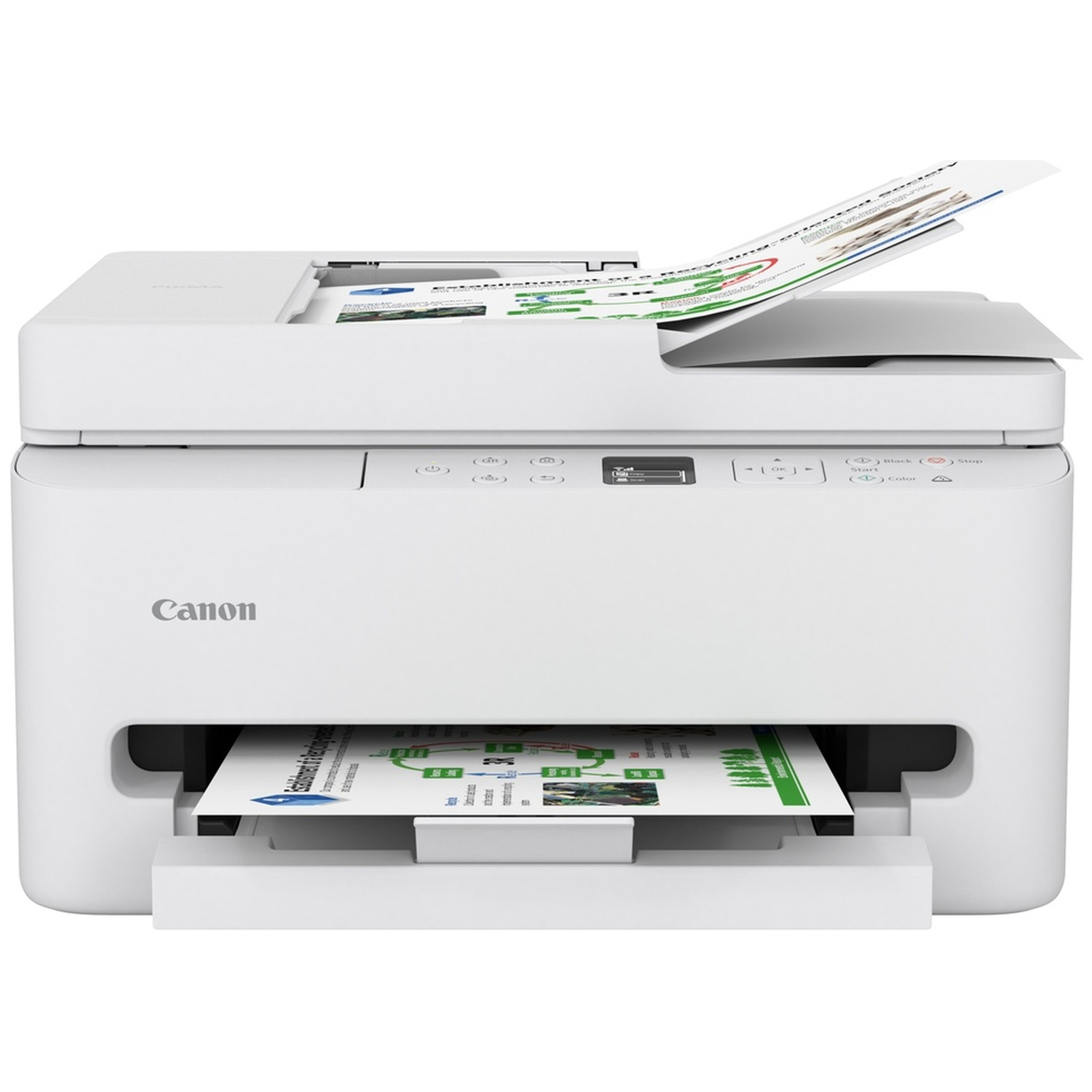 A white Canon printer is shown. Papers are in the input and output trays. Some papers are being ejected. The printer is on a white background.