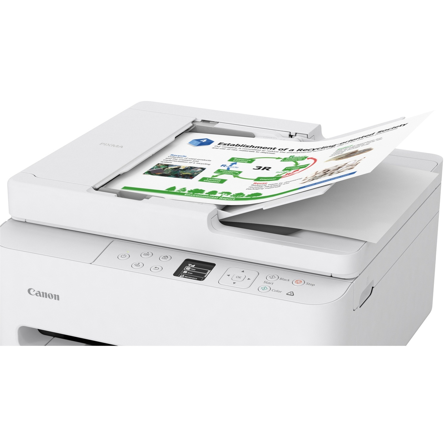 A white Canon printer is printing a document about recycling. The document has a diagram with arrows and text.