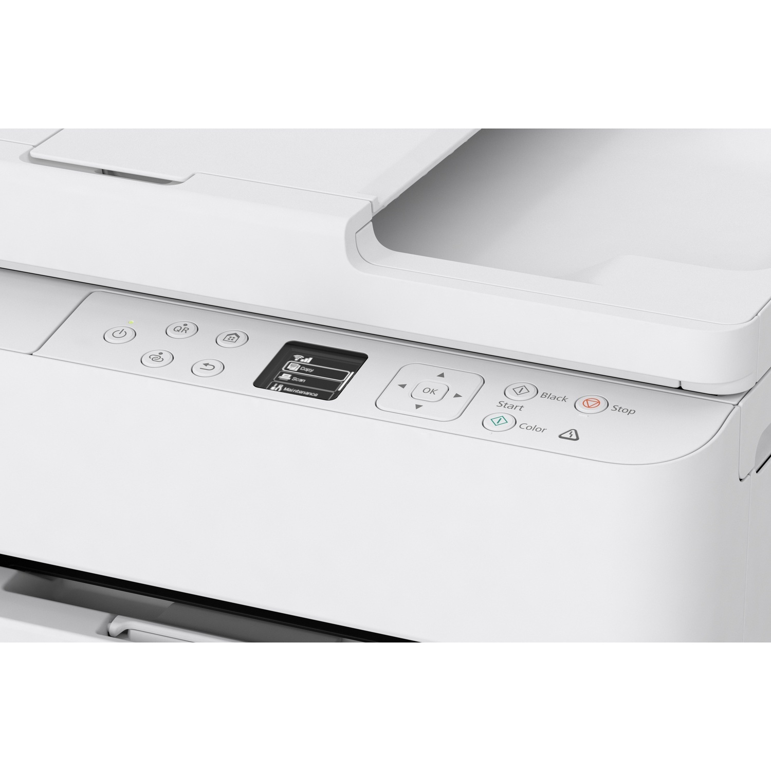 A white printer is shown up close. It has a control panel with buttons for power, copy, scan, and color, as well as a display screen.