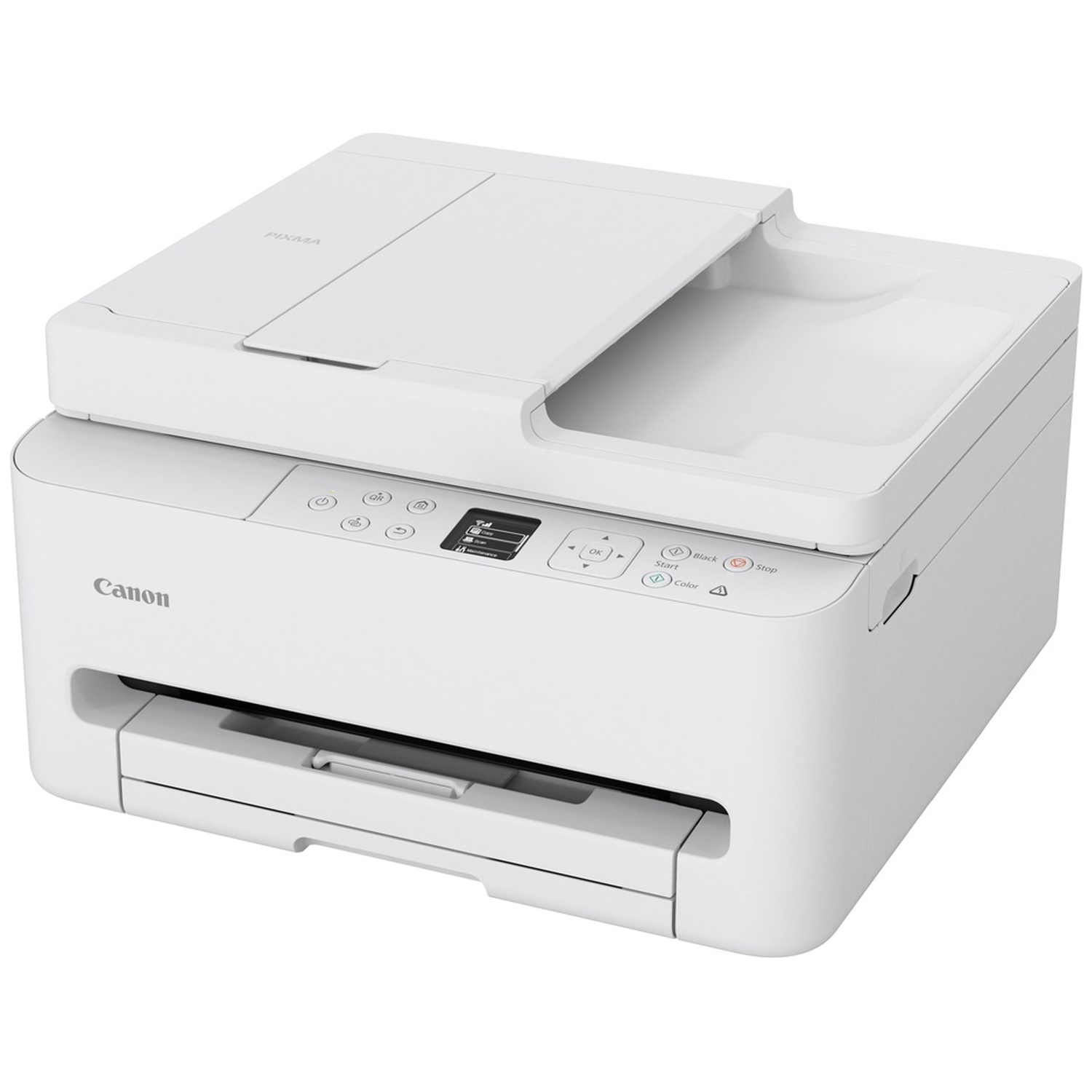 A white Canon Pixma printer. The top cover is open, revealing the scanner bed. Buttons and a display are visible on the front.