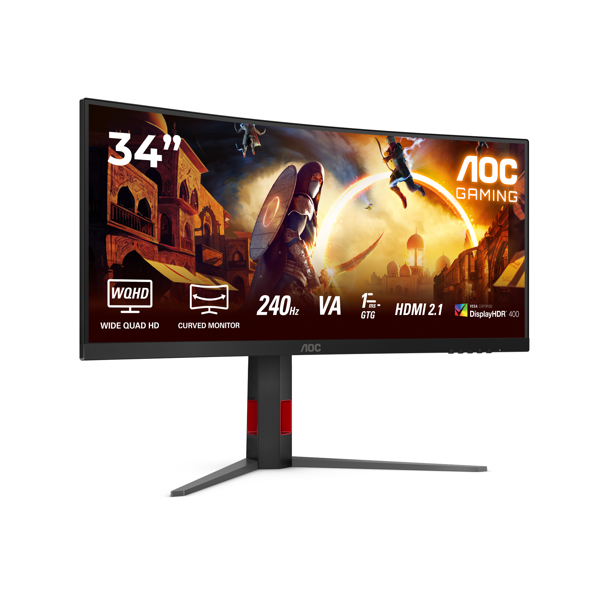 Moniteur de jeu AOC, écran incurvé de 34 pouces, WQHD, 240Hz, HDMI 2.1, avec une scène fantastique en arrière-plan.