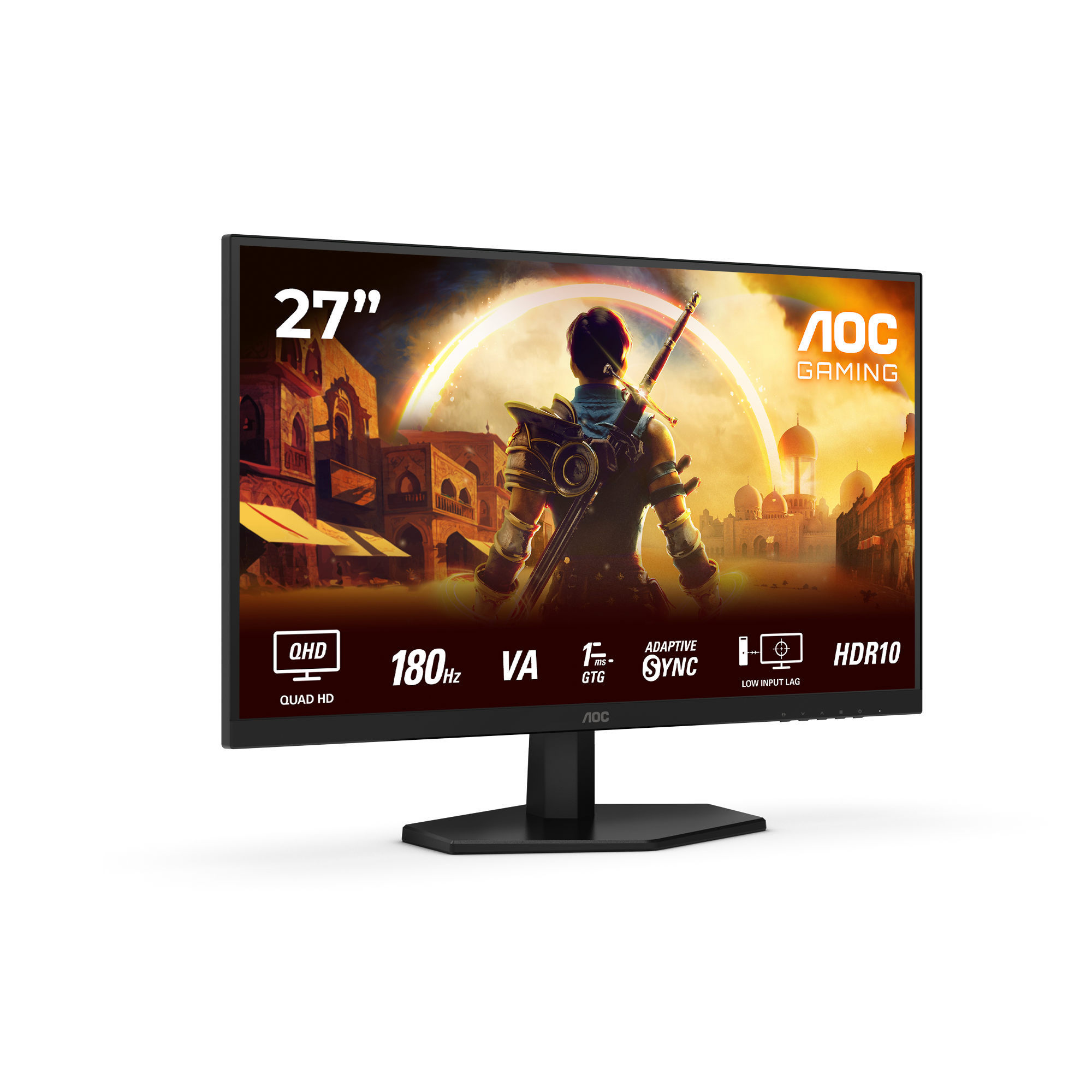 Écran de jeu AOC. Caractéristiques : 27", 180Hz, HDR10 et Adaptive Sync. L'écran affiche une scène de jeu.