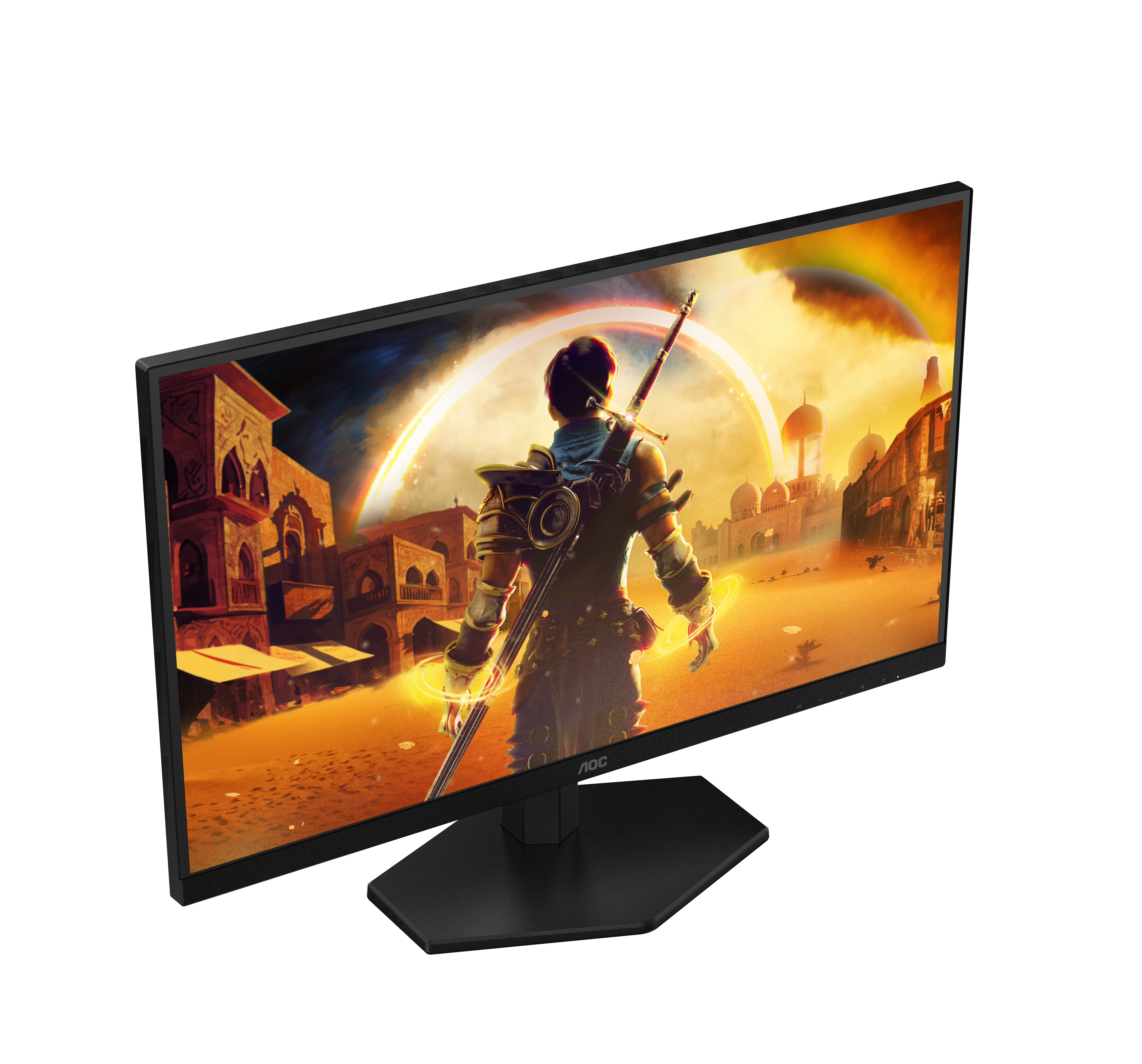 Le moniteur AOC affiche une scène de jeu vidéo. Un guerrier se tient devant une ville avec un coucher de soleil en arrière-plan.