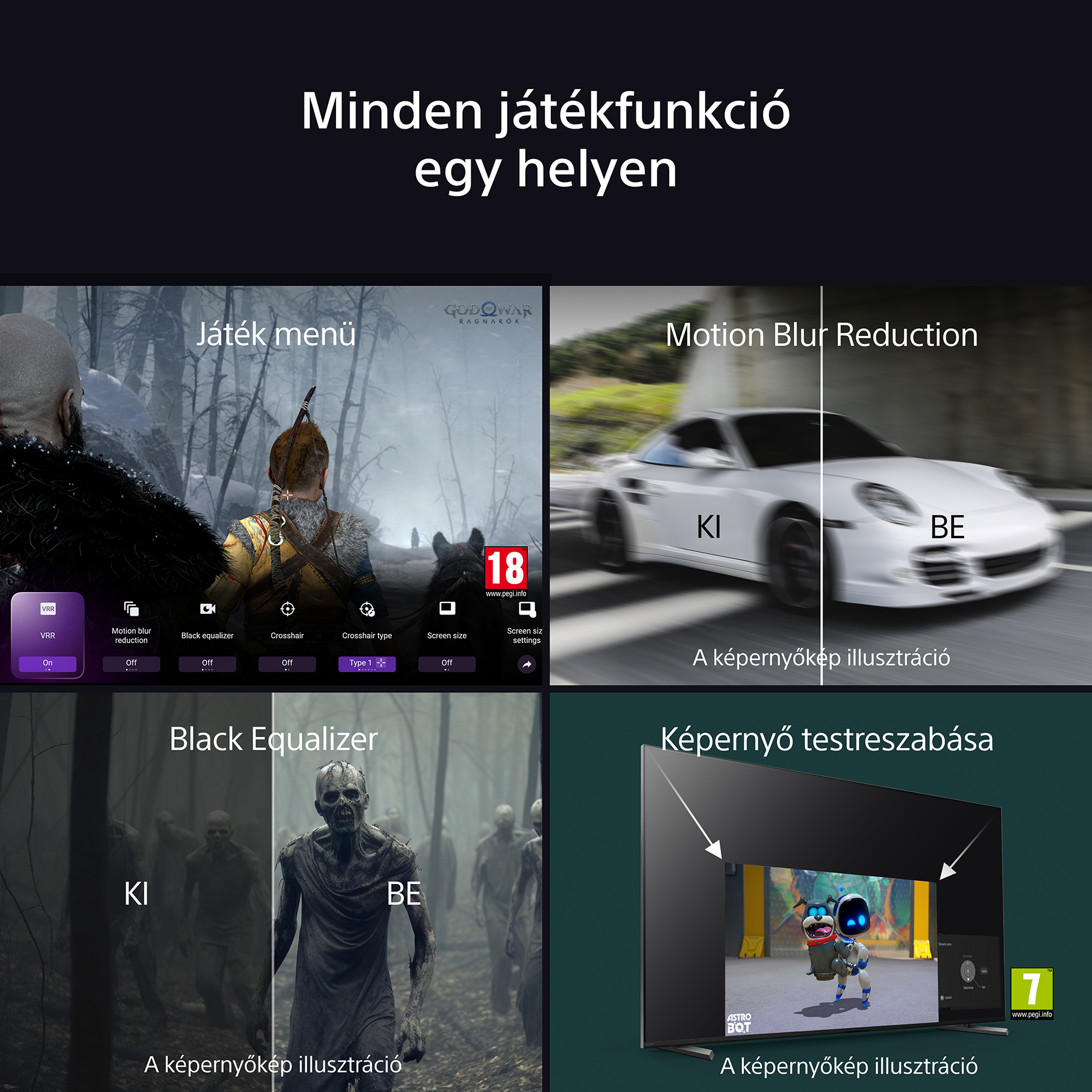 A kép játékfunkciókat mutat: mozgás-elmosódás csökkentés, fekete equalizer és képernyőbeállítások. Tartalmazza a játékmenüt és az Astro Botot.