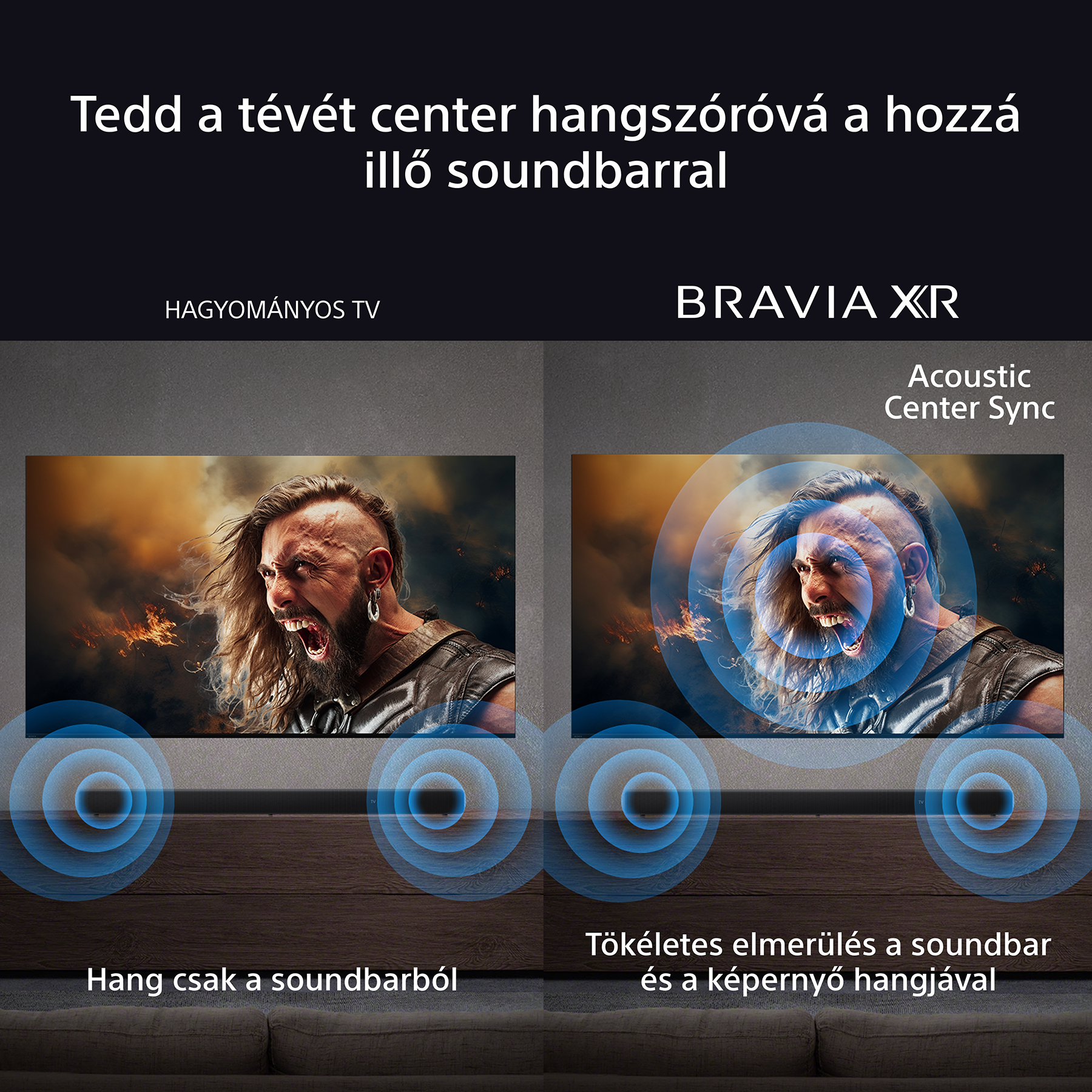 A képen egy sikoltozó, mohawk frizurás férfi látható, két TV-vel, hanghullámokkal. Magyar nyelvű szöveg.