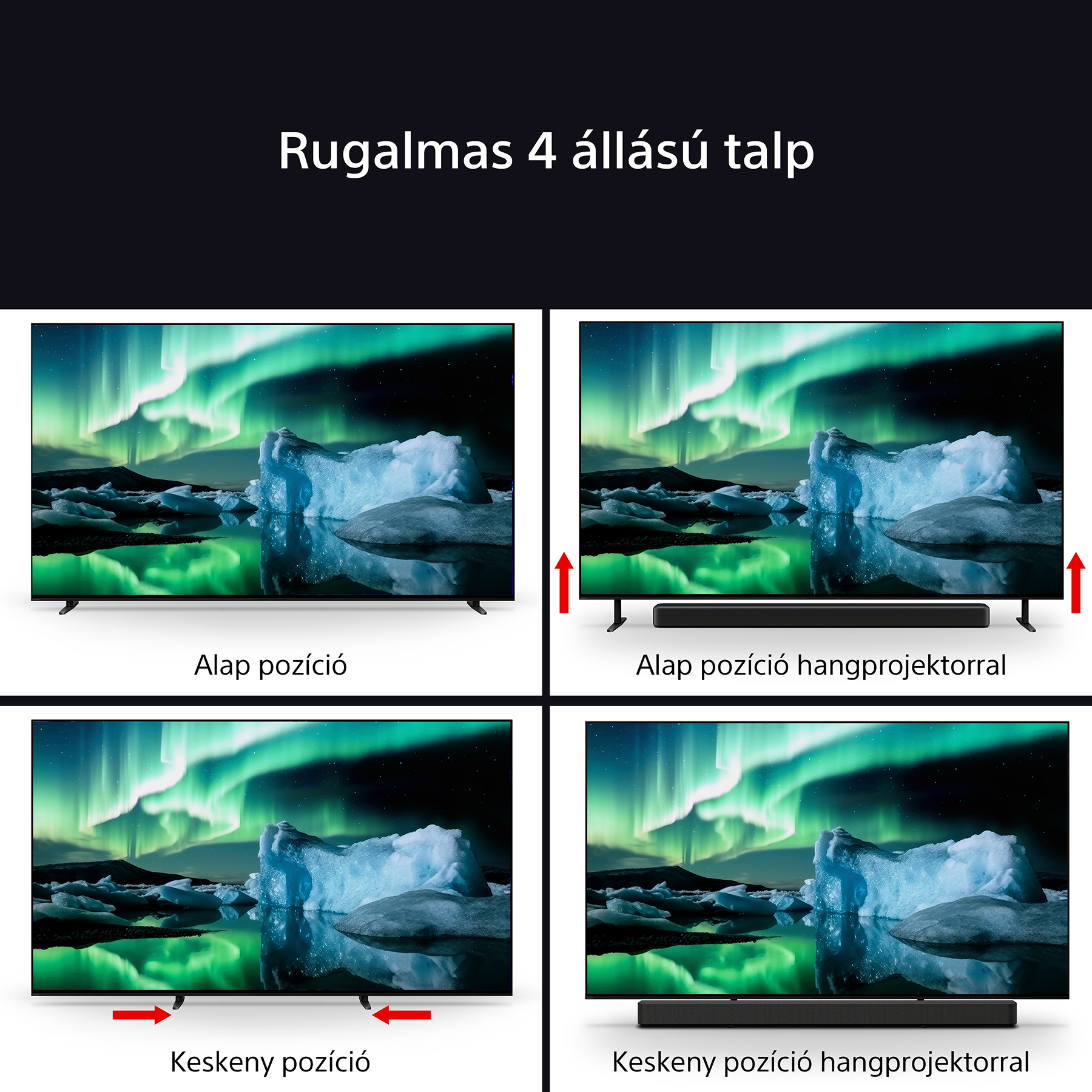 Négy TV-beállítás különböző állványokkal és soundbarokkal, sarki fény jelenettel.