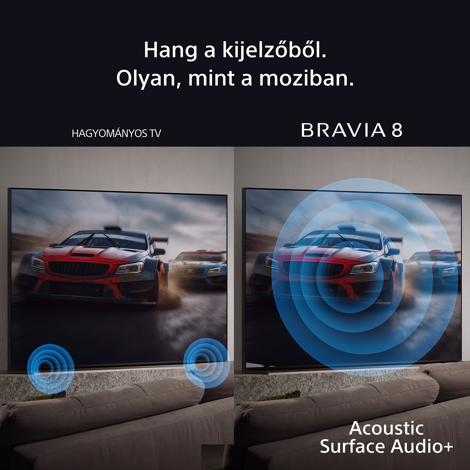 A képen két TV látható. Az egyik egy hagyományos TV, a másik egy autóversenyt mutat hanghullámokkal.
