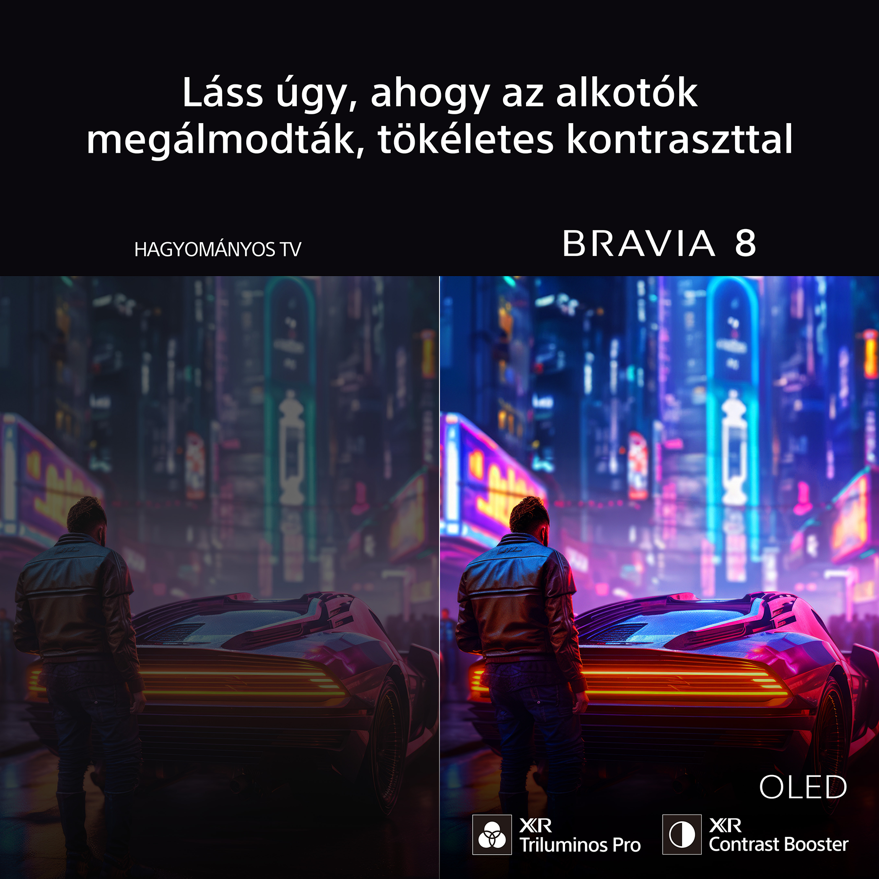 Két TV összehasonlítása, egy férfit mutat, aki egy futurisztikus autót néz a városban. A jobb oldal világosabb.
