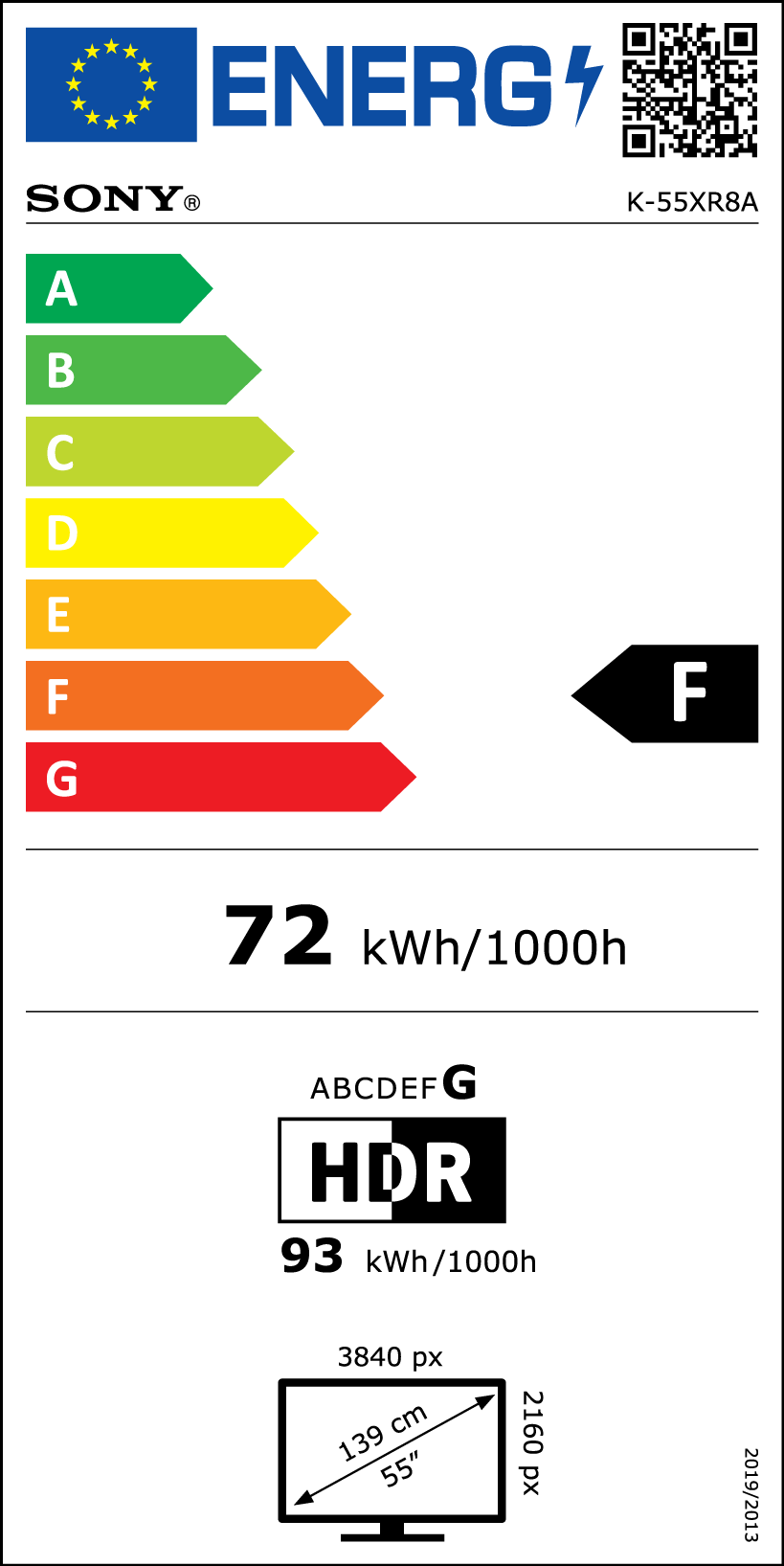 Energia címke egy Sony TV-hez. Az energiahatékonyságot A-tól G-ig mutatja, F besorolással. Megmutatja az energiafogyasztást és a képernyő méretét.