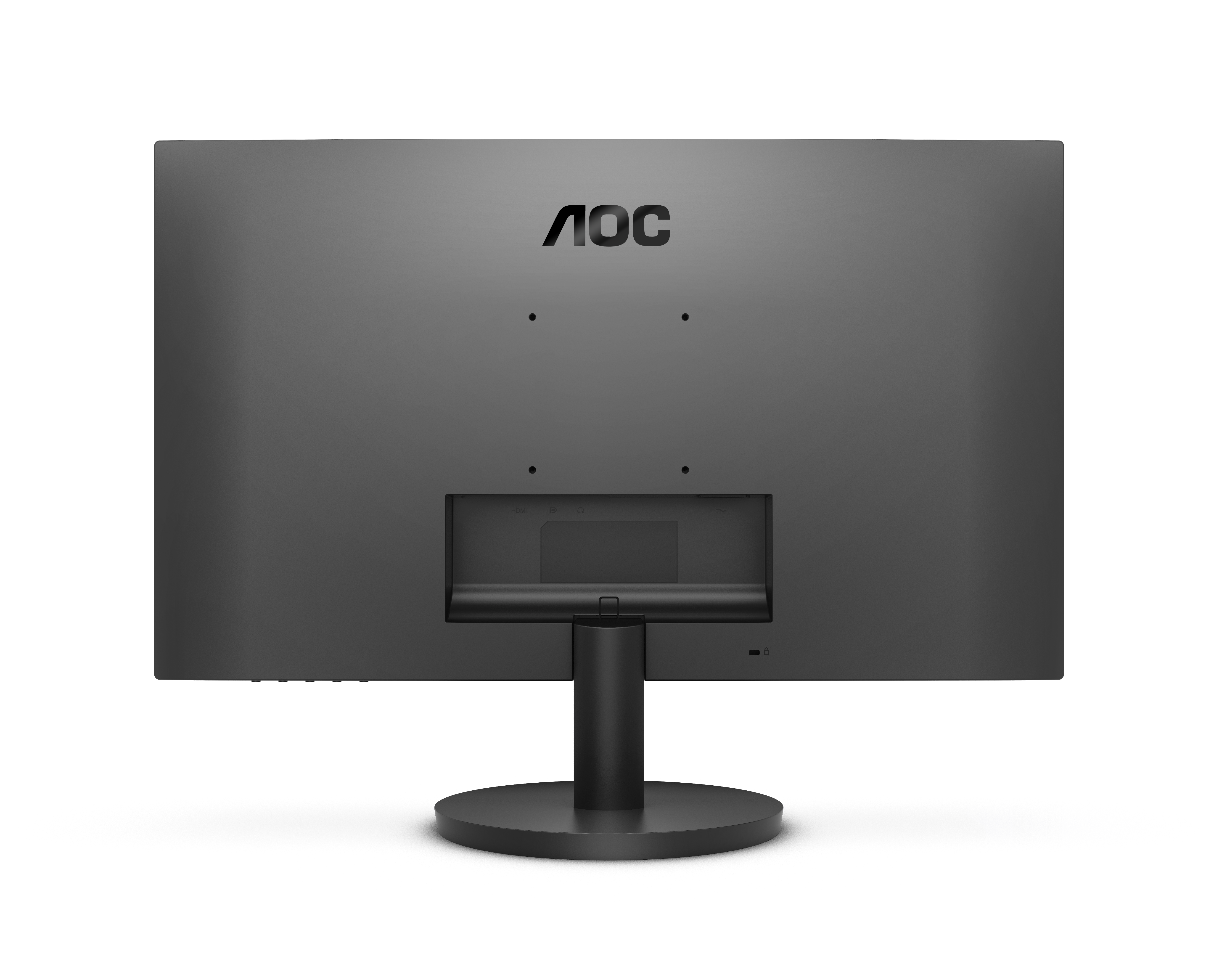 Retro di un monitor AOC nero su superficie bianca. Sono visibili il supporto e il logo del marchio.