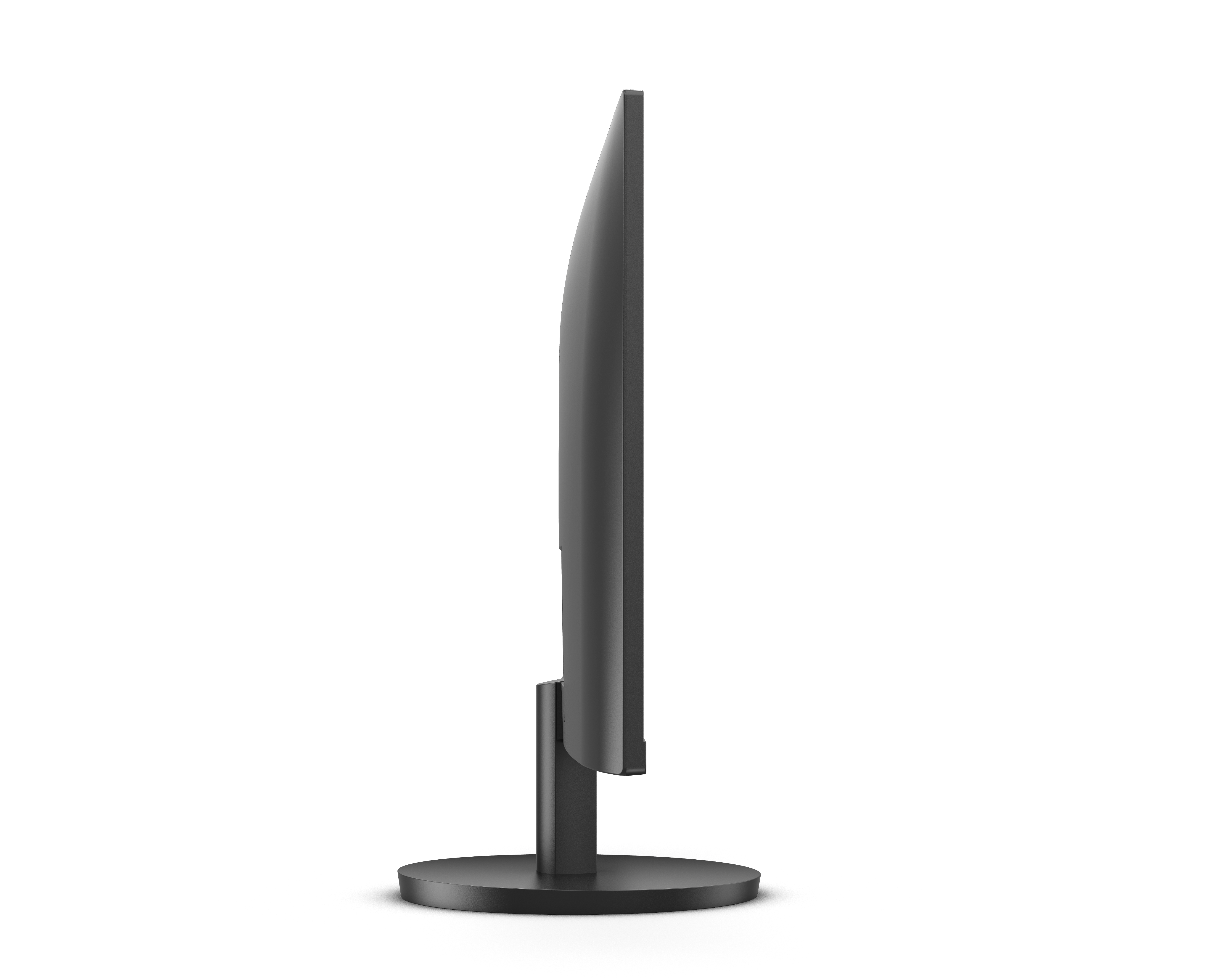 Vista laterale di un monitor nero su un supporto nero. Lo sfondo è grigio con linee orizzontali.